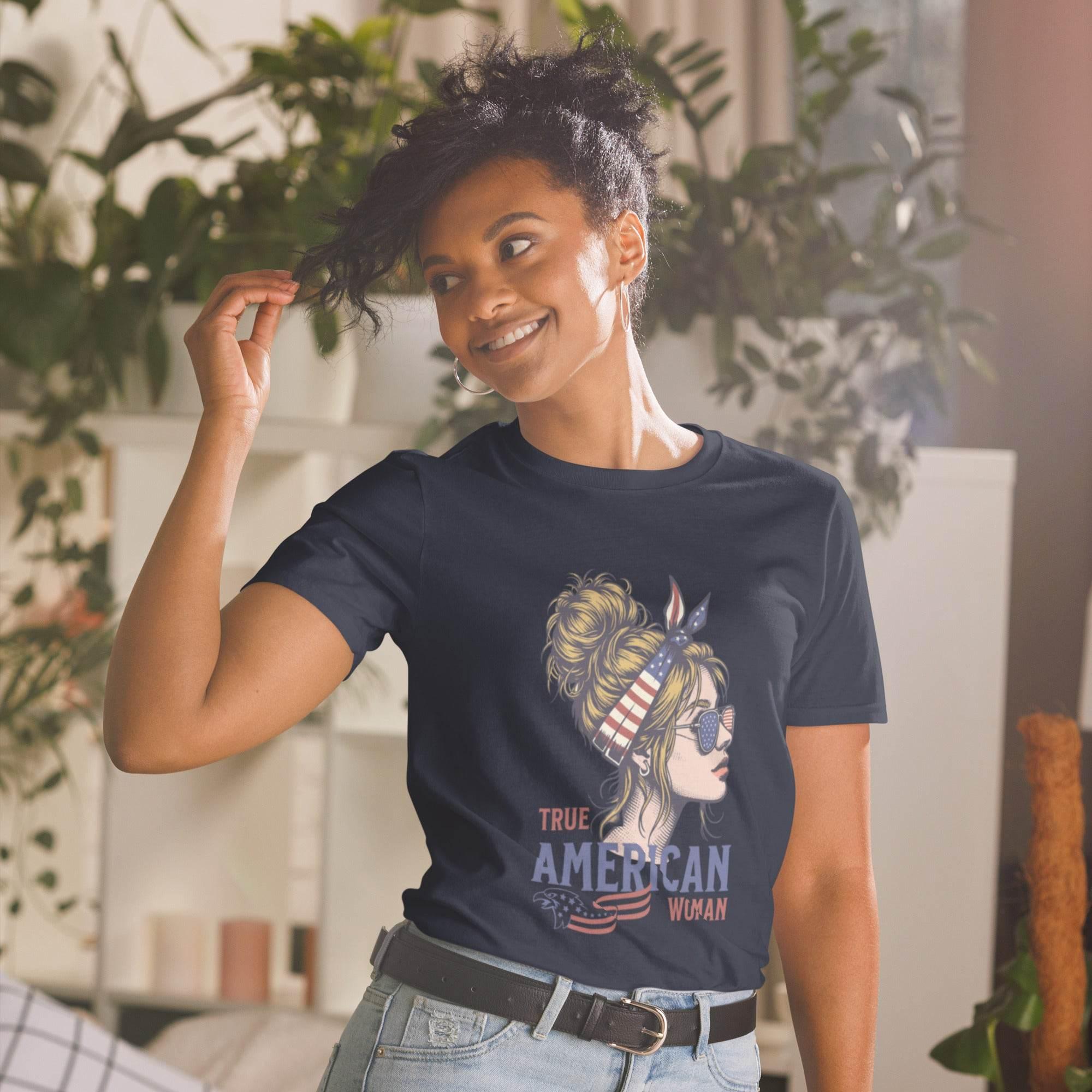 True American Woman Statement Tee – Bold Patriotic Style | T-Shirt – Annaise Store