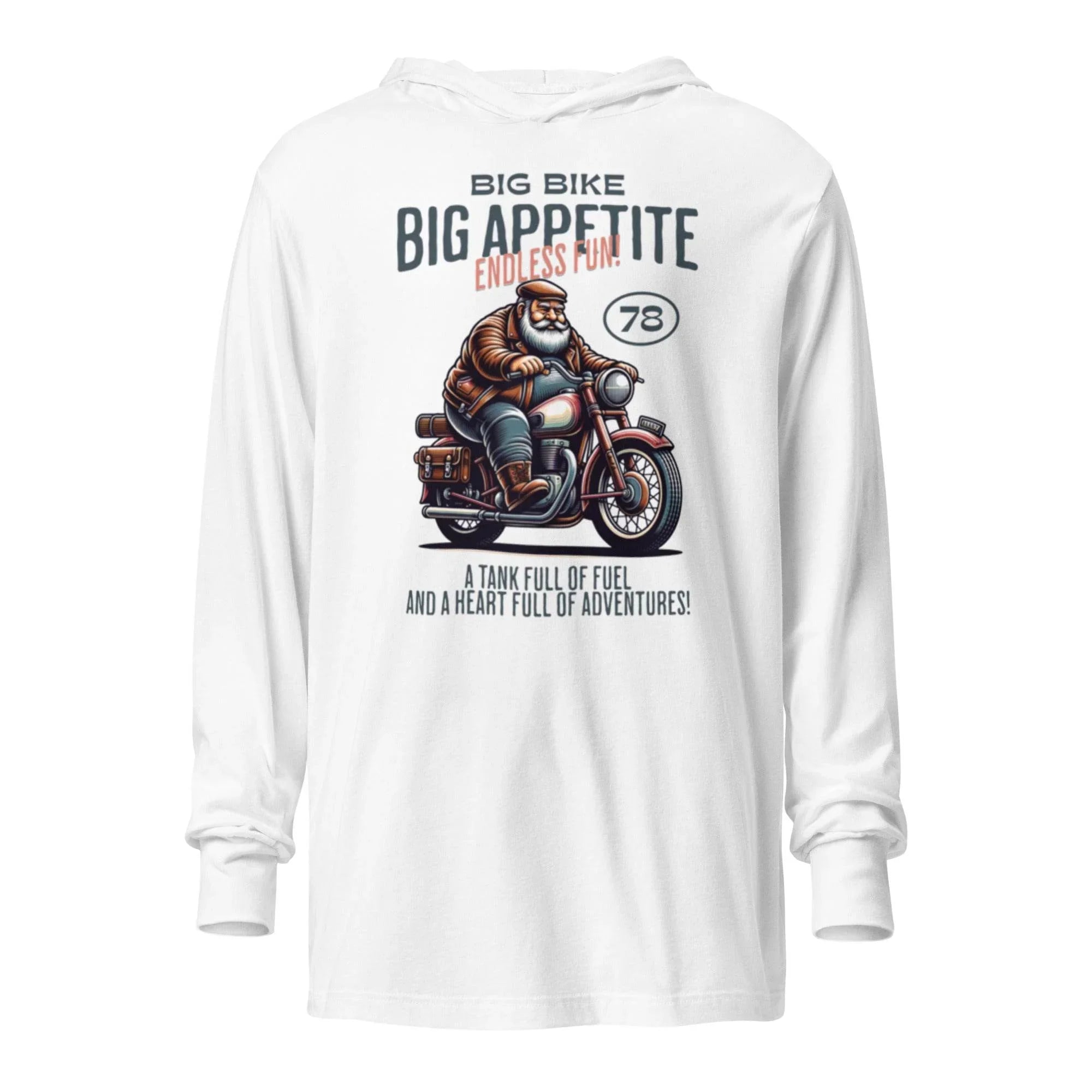 White hooded long sleeve with bold motocross bike graphic – adventure-ready premium hoodie tee for riders and thrill-seekers. - Annaise Store