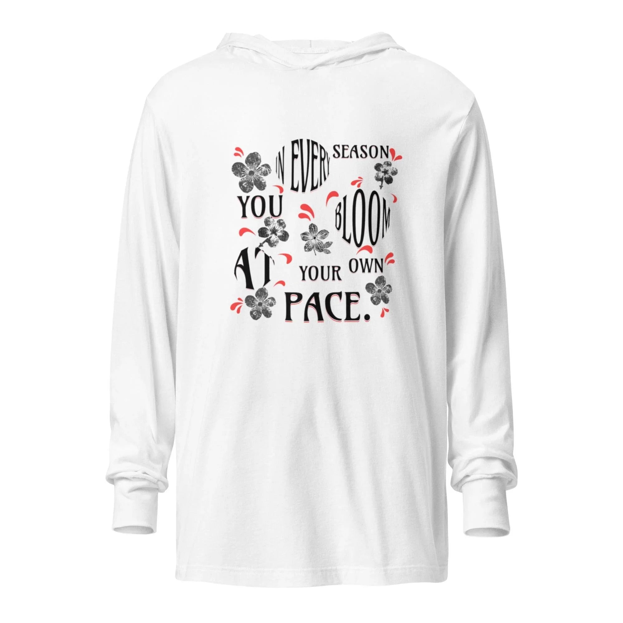 White hooded long sleeve with floral self-growth graphic – motivational premium hoodie tee blending positivity, style, and everyday comfort. - Annaise Store
