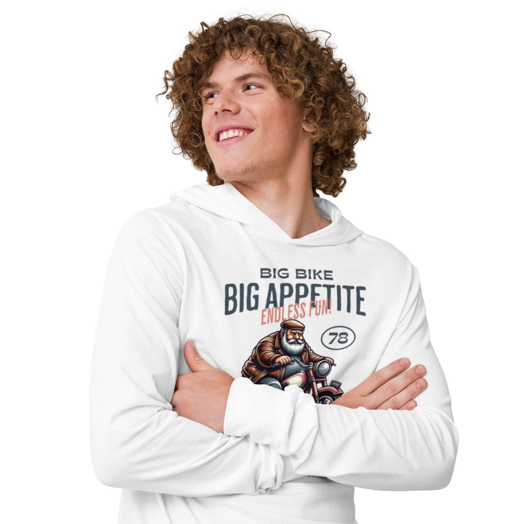 White hooded long sleeve with bold motocross bike graphic – adventure-ready premium hoodie tee for riders and thrill-seekers. - Annaise Store