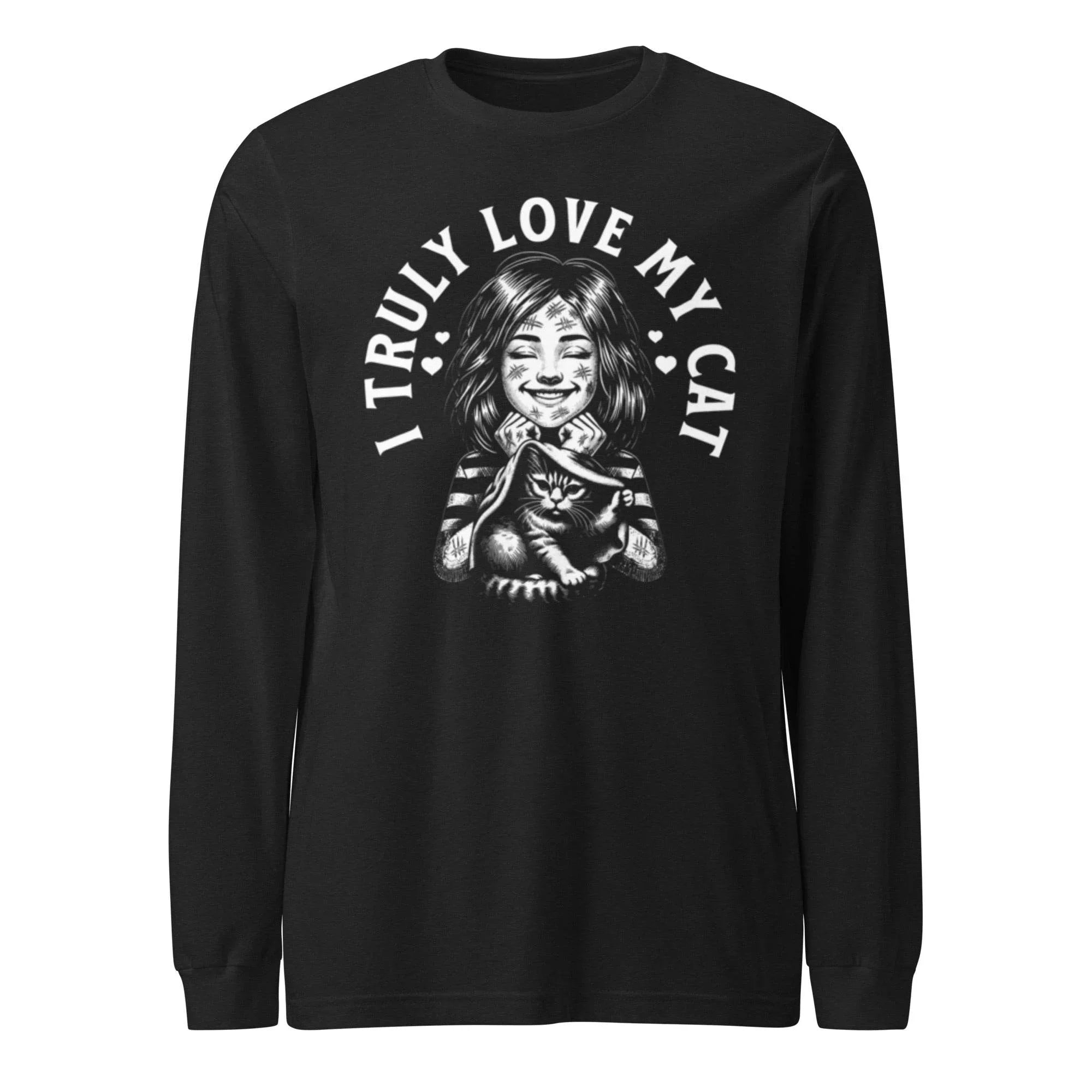 Black long sleeve shirt with white cat graphic and “I Truly Love My Cat” design – unisex casual wear- Annaise Store