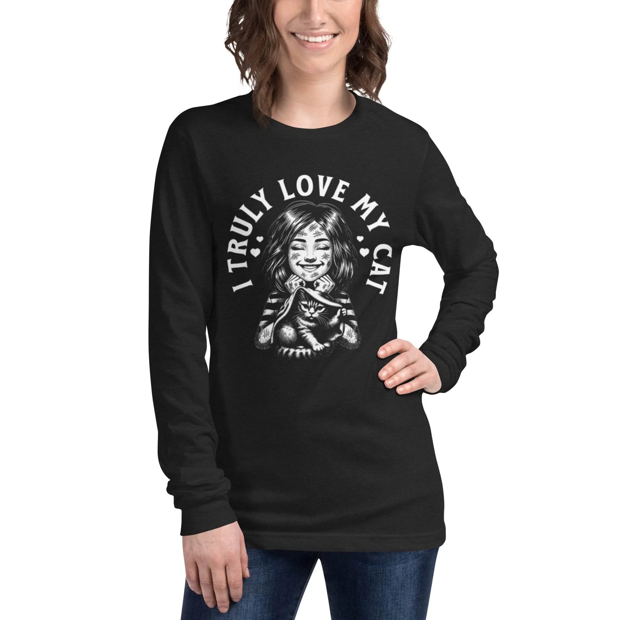 Black long sleeve shirt with white cat graphic and “I Truly Love My Cat” design – unisex casual wear - Annaise Store