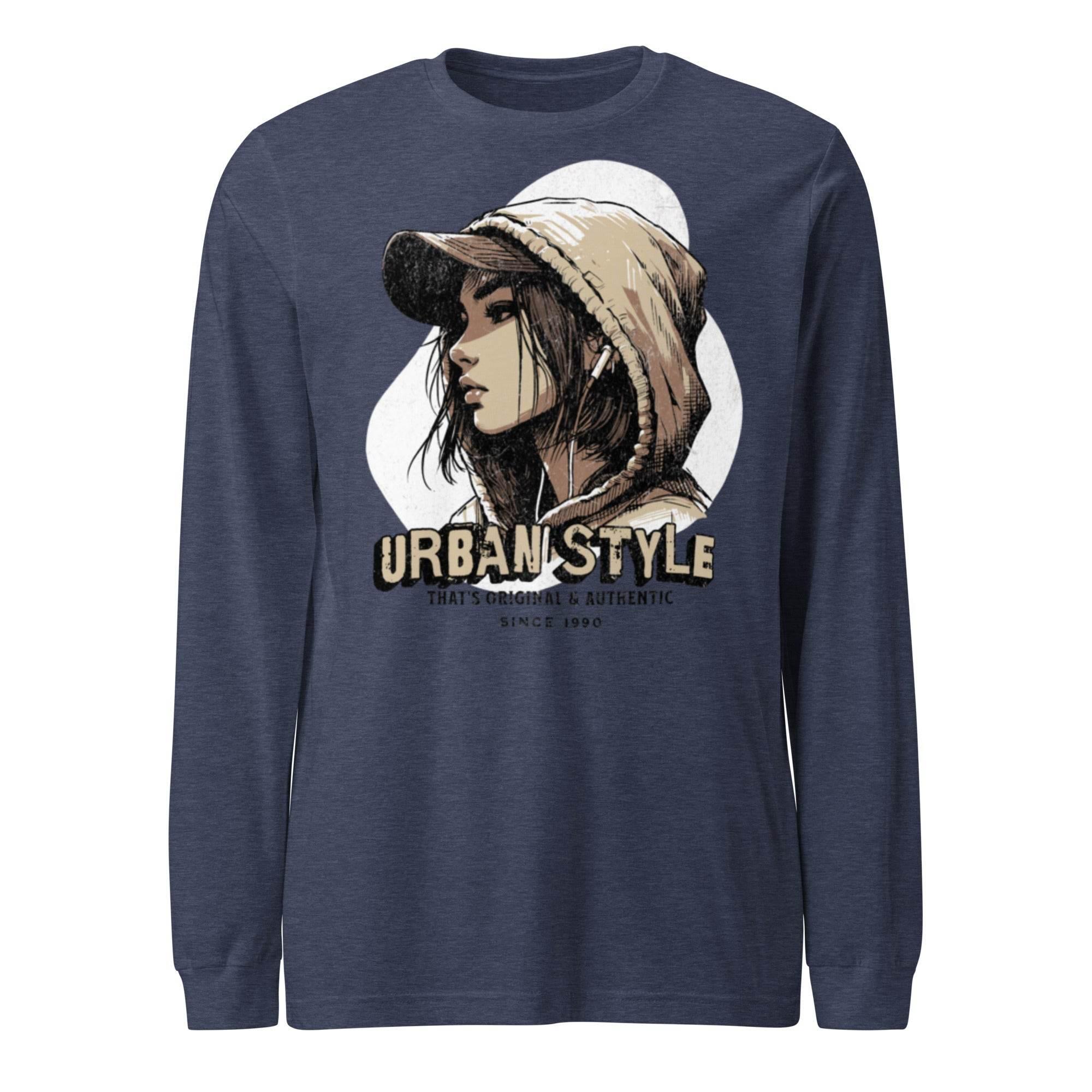 Urban Style unisex long sleeve tee in navy—streetwear graphic, ribbed cuffs - Annaise Store