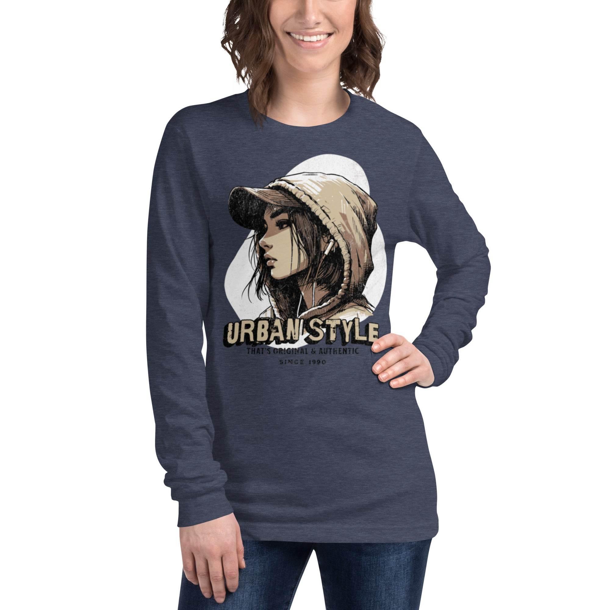 Urban Style unisex long sleeve tee in navy—streetwear graphic, ribbed cuffs - Annaise Store