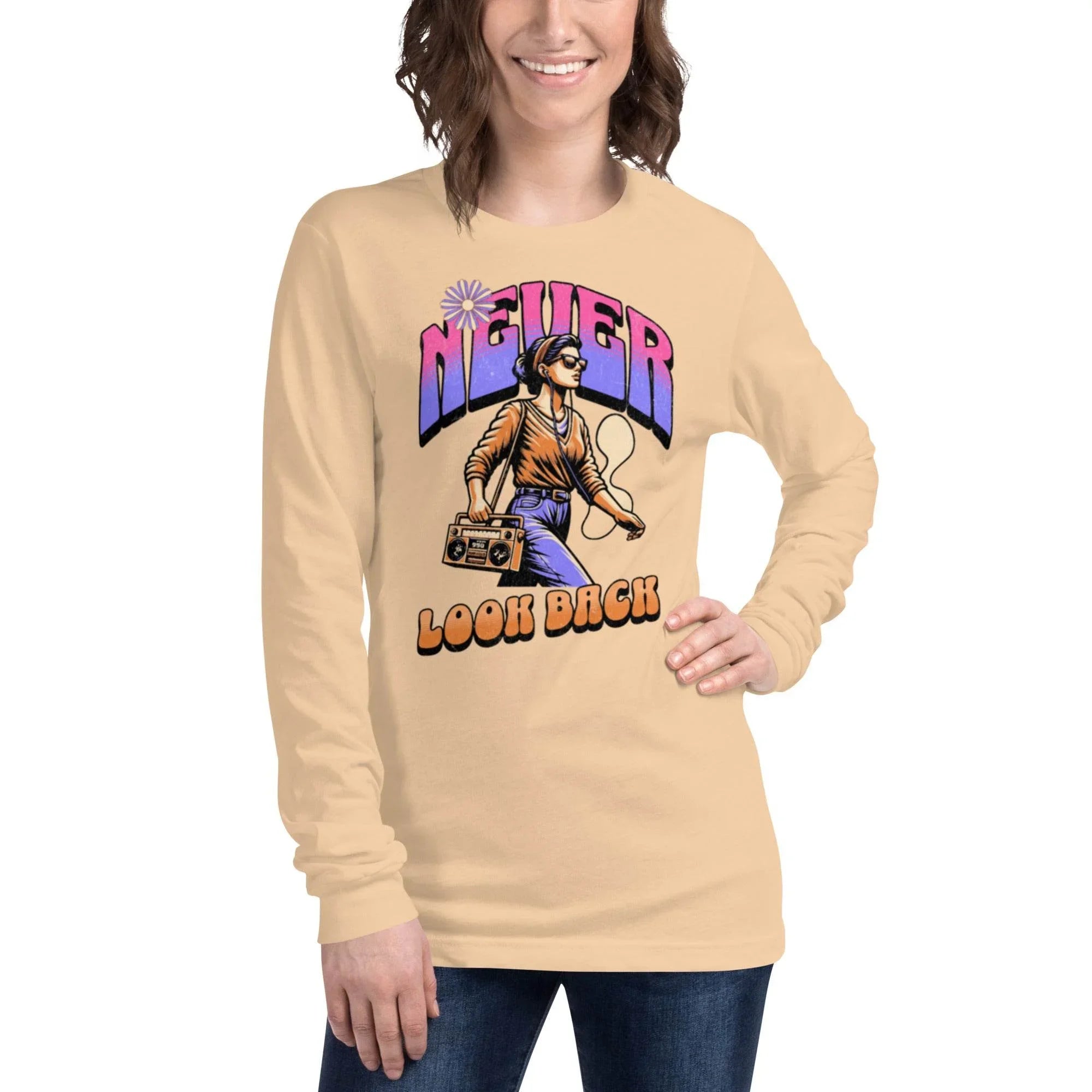 Never Look Back motivational graphic long-sleeve tee in beige- Annaise Store