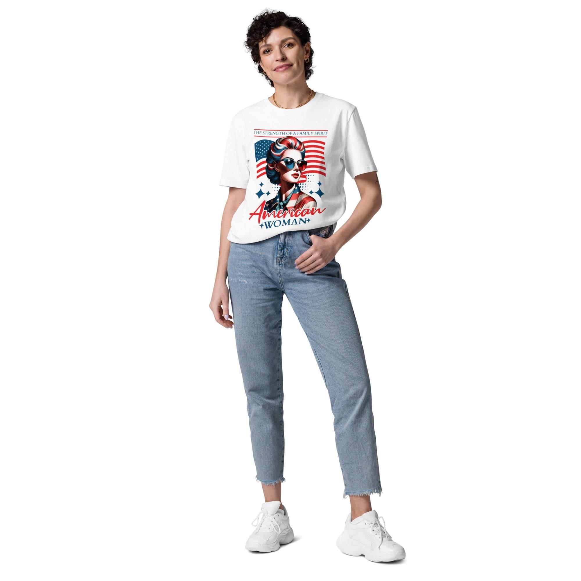 Patriotic American Woman Organic Cotton Tee – Retro USA Style | T-Shirt – Annaise Store