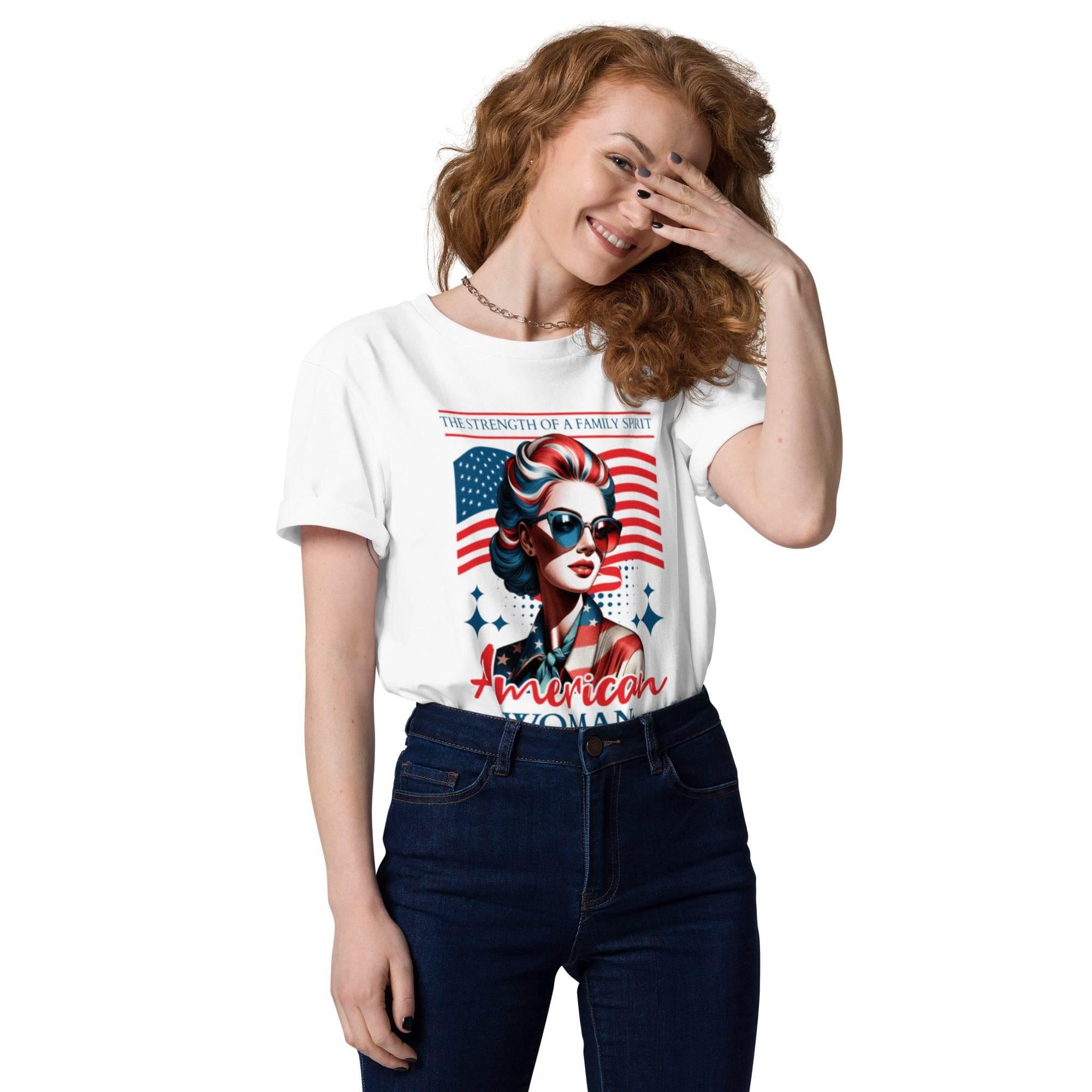 Patriotic American Woman Organic Cotton Tee – Retro USA Style | T-Shirt – Annaise Store