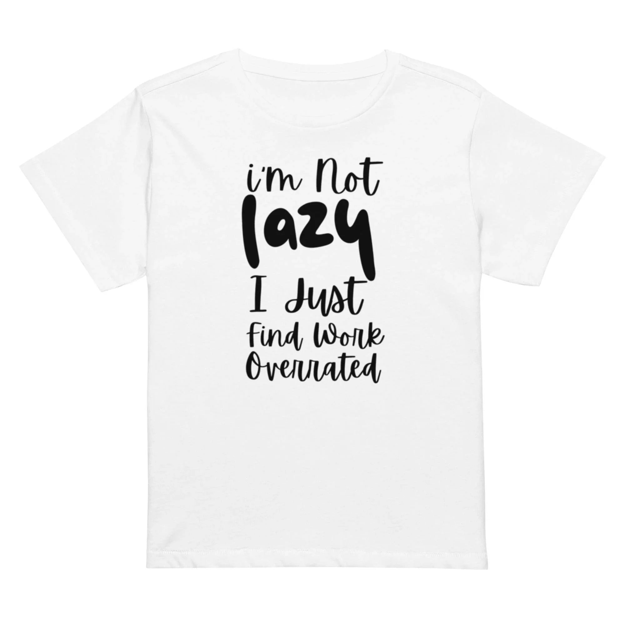 Woman wearing a white cropped graphic t-shirt with the phrase ‘I’m Not Lazy, I Just Need More Energy,’ paired with cream pants — part of the Cropped & Chic Tops collection. - Annaise Store