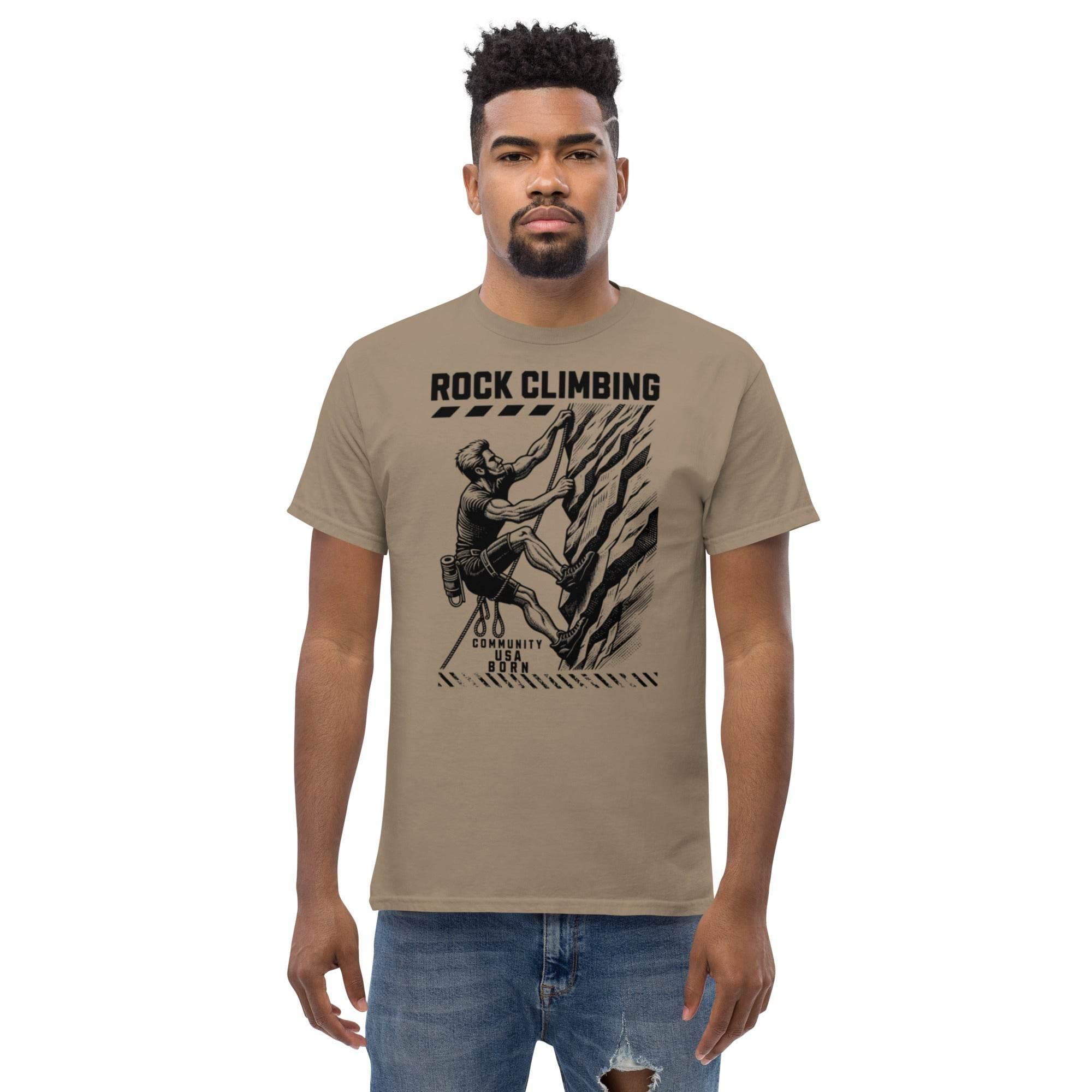 Person wearing rock climbing t-shirt in brown - lifestyle shot
 - Annaise Store