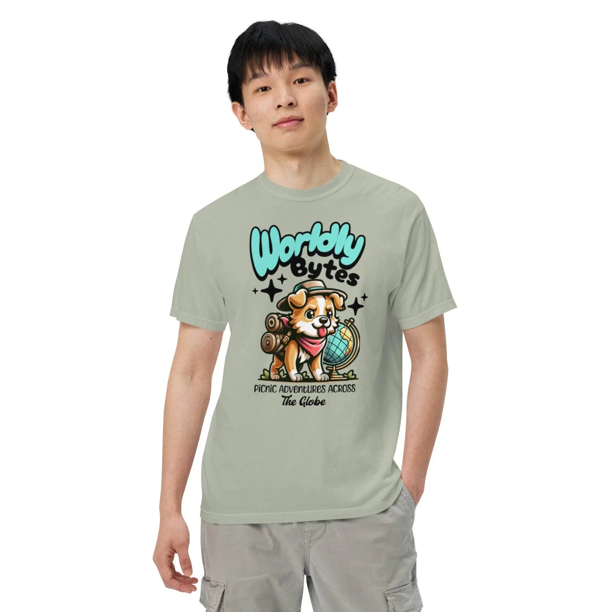 Bay vintage-wash heavyweight t-shirt with ‘Worldly Bytes’ globe explorer graphic – bold garment-dyed style for adventurers. - Annaise Store