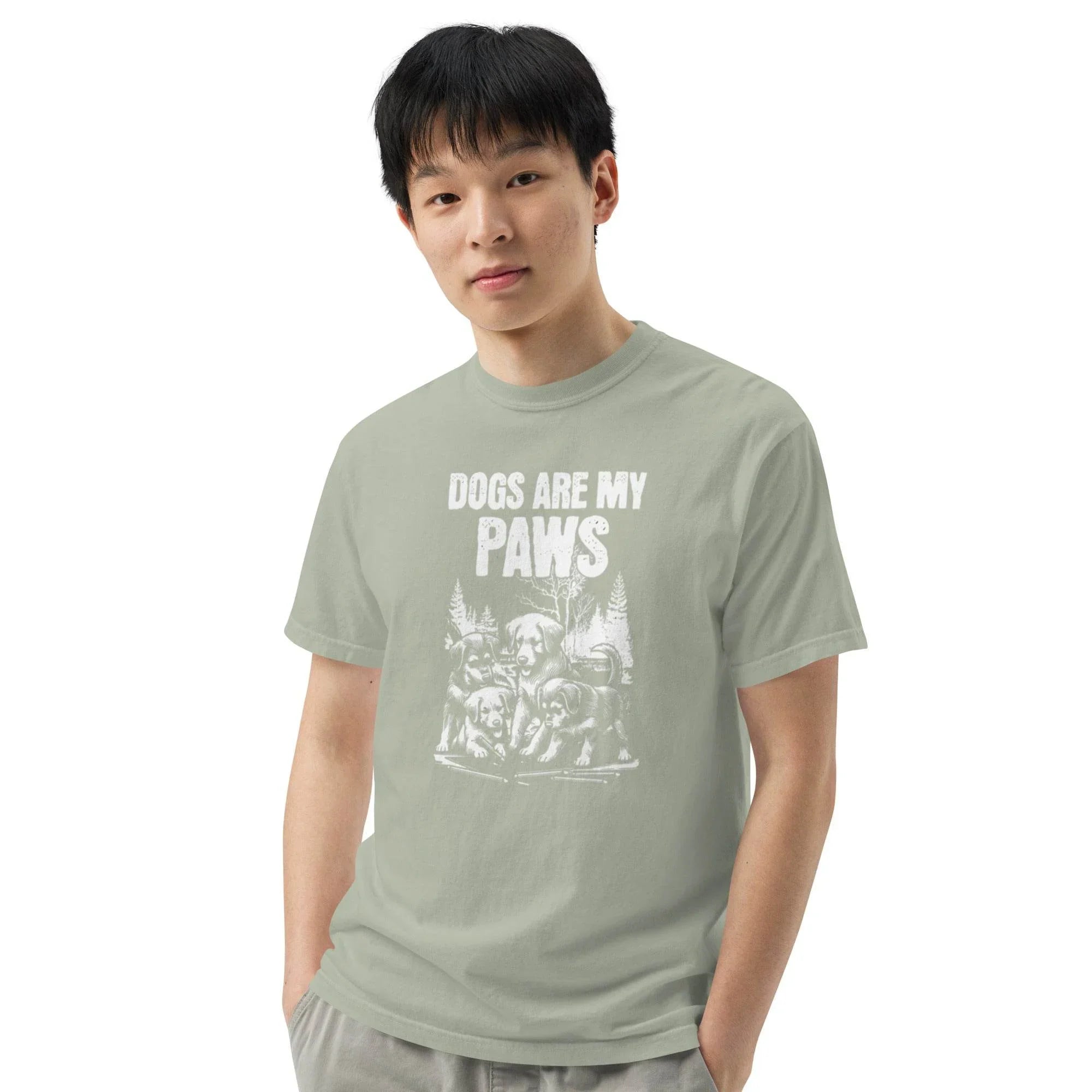 Bay heavyweight graphic tee with ‘Dogs Are My Paws’ slogan – durable garment-dyed style for dog lovers and outdoor explorers. - Annaise Store
