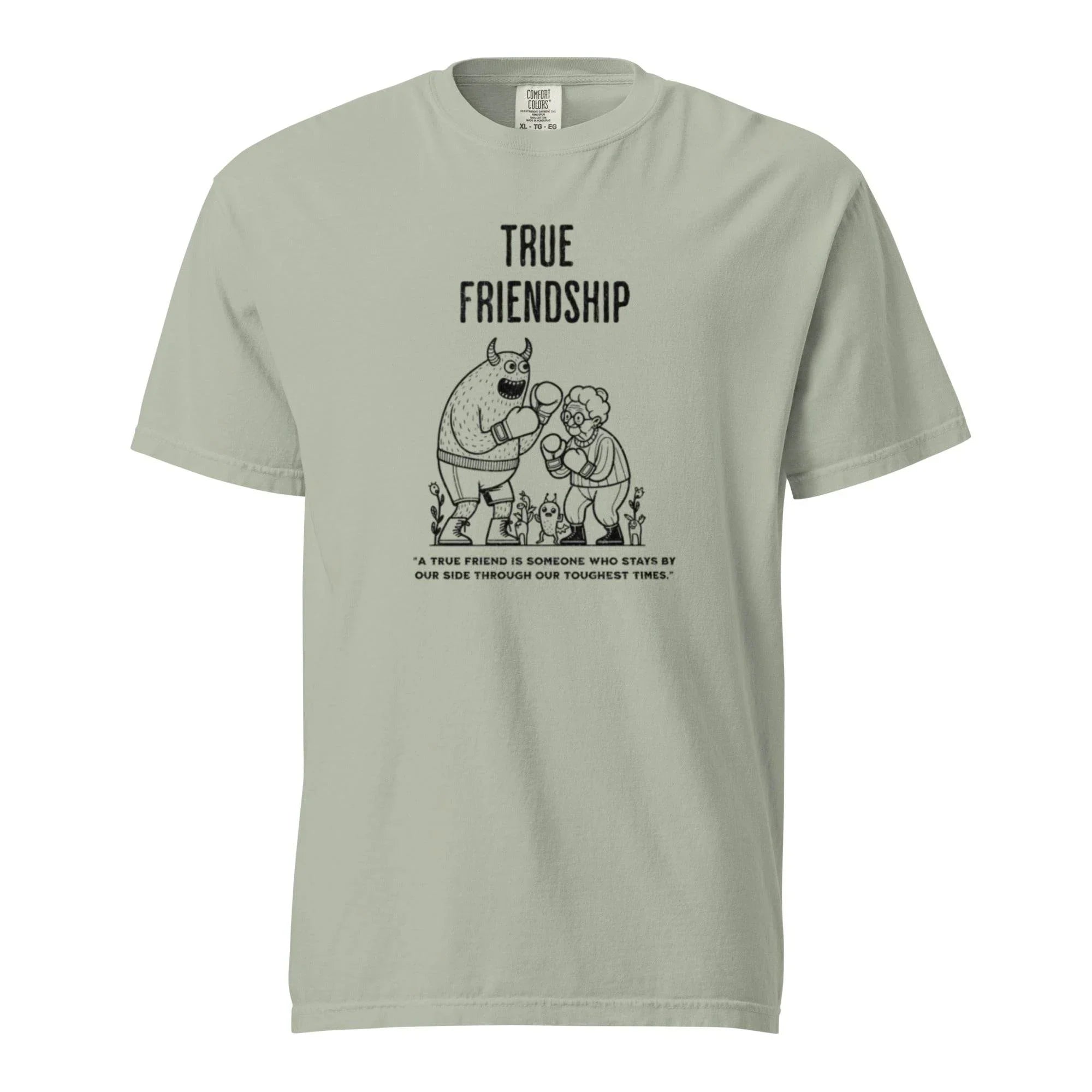Bay heavyweight garment-dyed t-shirt with timeless ‘True Friendship’ slogan – comfort and bond-inspired graphic style. - Annaise Store