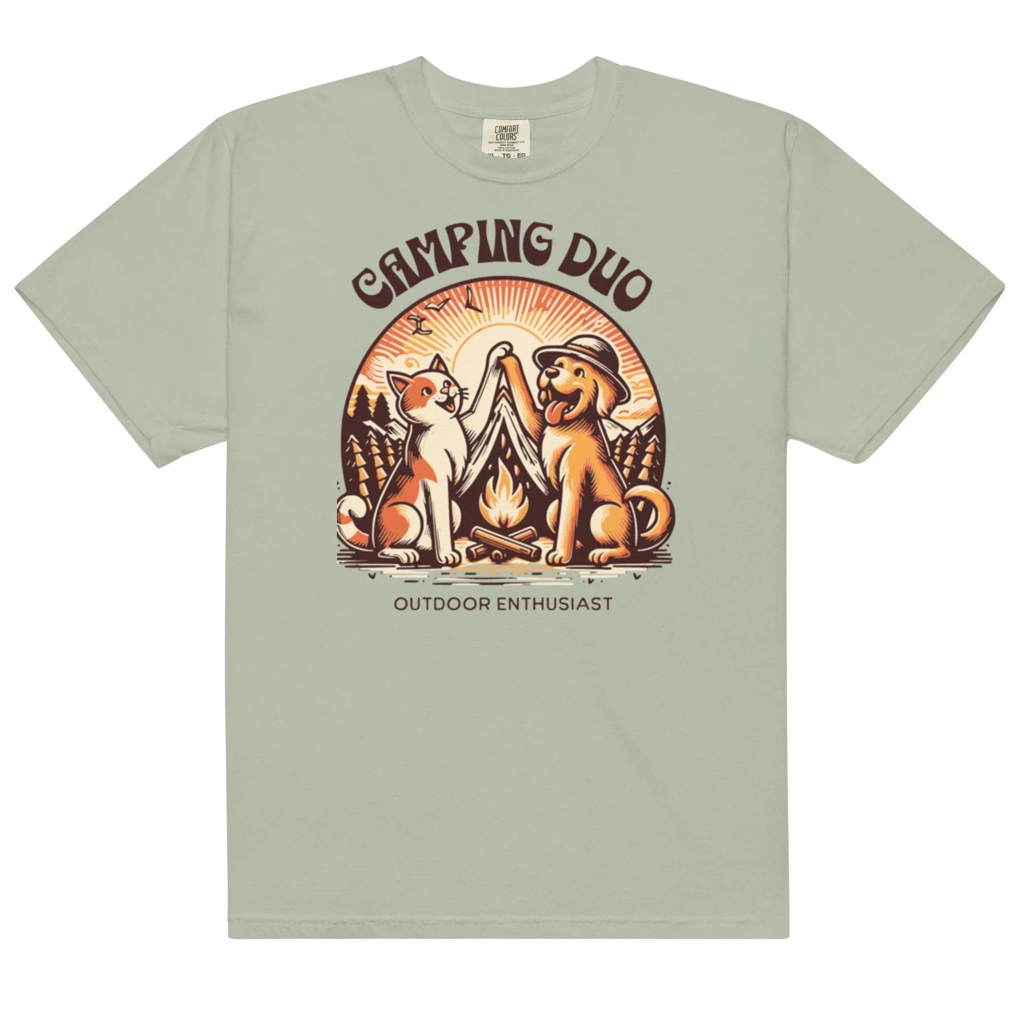 Bay garment-dyed heavyweight tee featuring camping duo illustration – rugged outdoors graphic shirt for adventure lovers. - Annaise Store