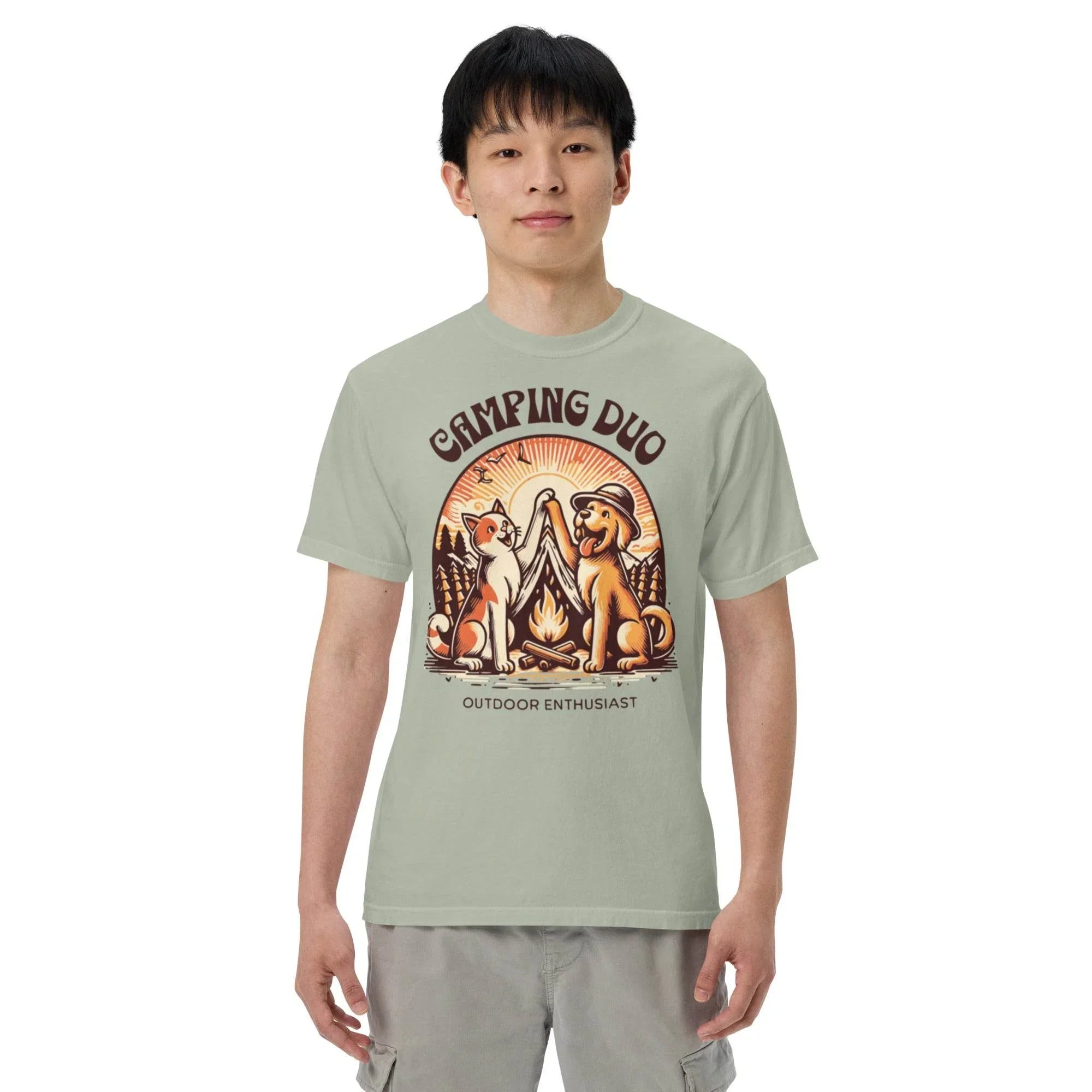 Bay garment-dyed heavyweight tee featuring camping duo illustration – rugged outdoors graphic shirt for adventure lovers. - Annaise Store