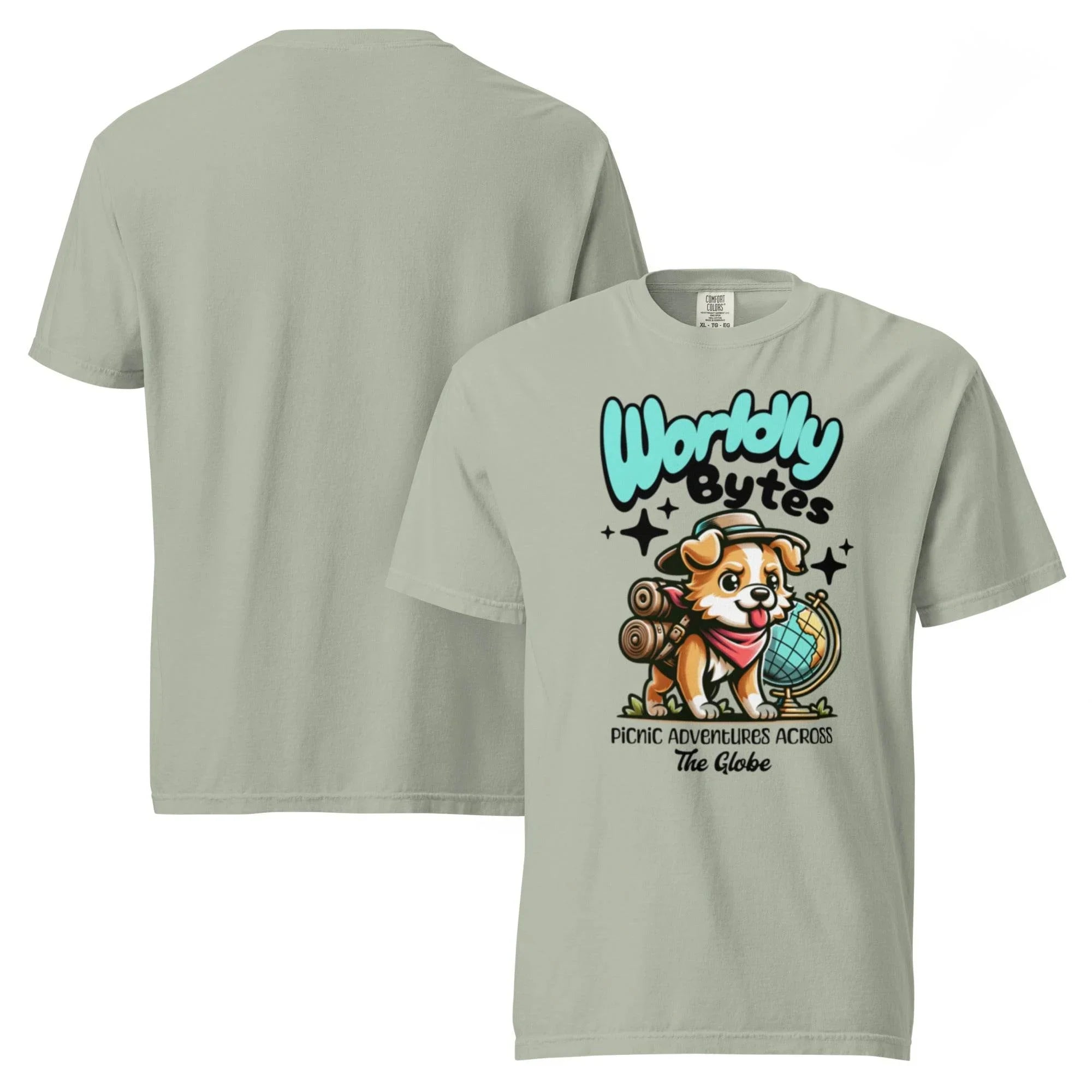 Bay vintage-wash heavyweight t-shirt with ‘Worldly Bytes’ globe explorer graphic – bold garment-dyed style for adventurers. - Annaise Store