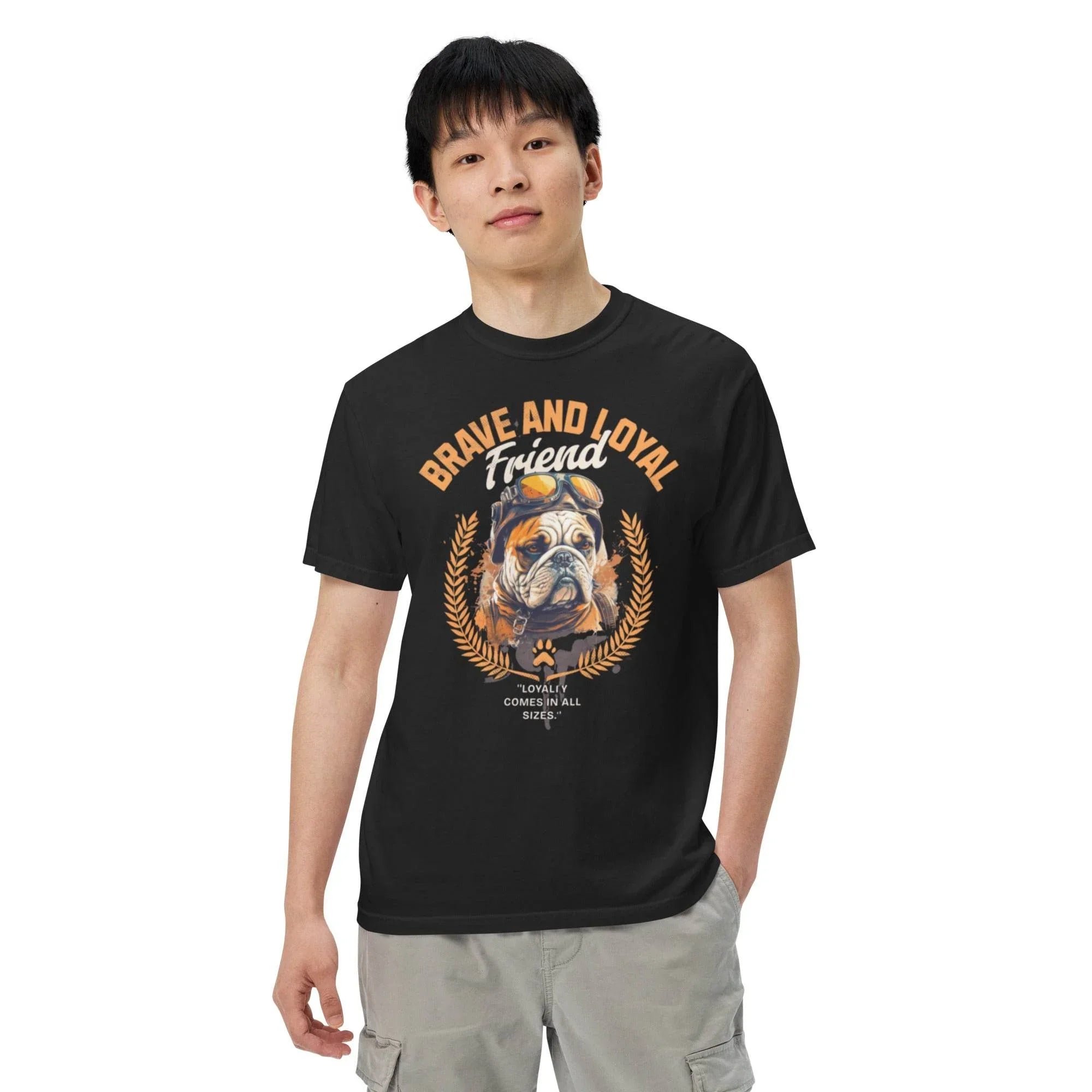 Black heavyweight garment-dyed t-shirt featuring a vintage bulldog graphic – bold streetwear inspired by loyalty and timeless style. - Annaise Store