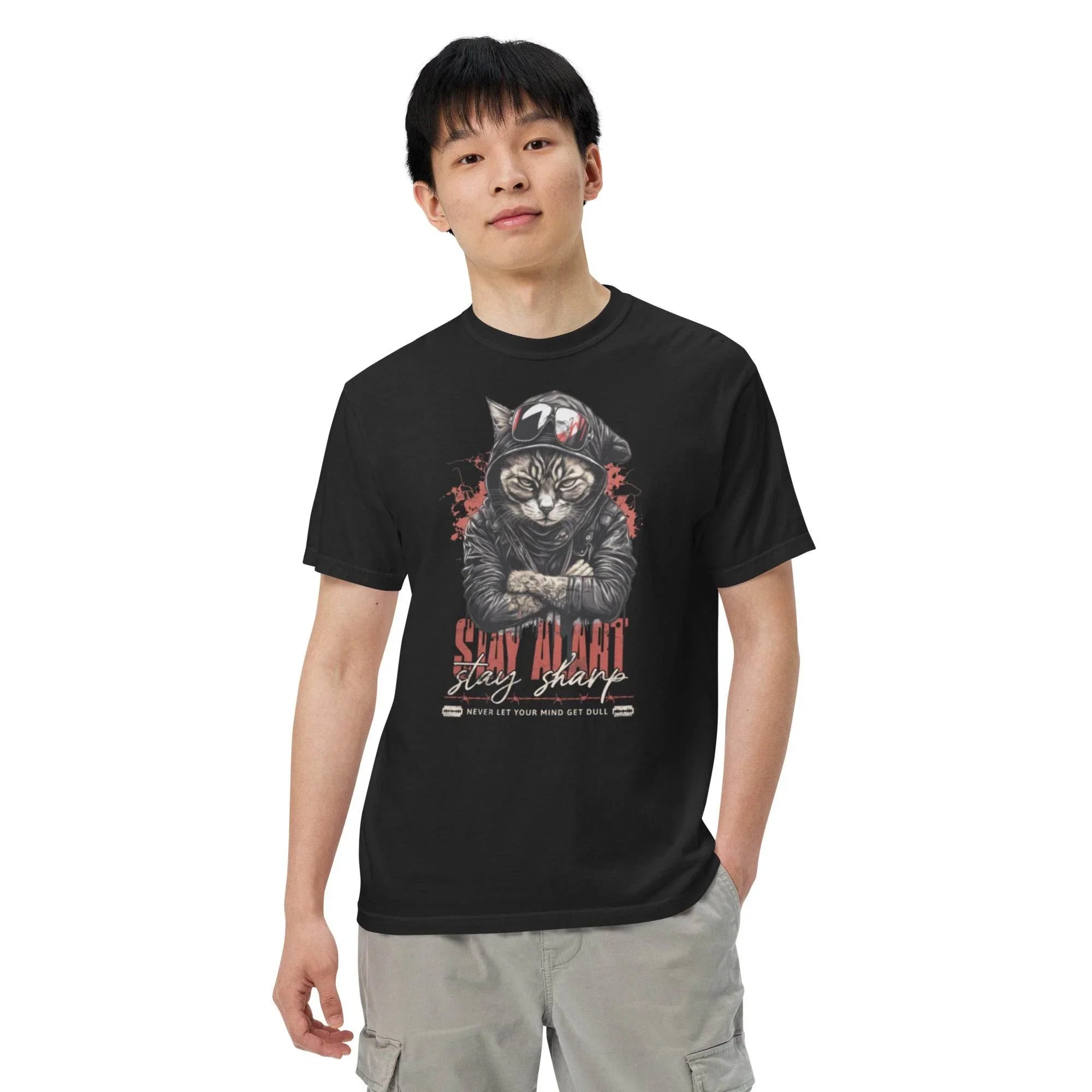 Black heavyweight statement graphic t-shirt with bold ‘Stay Alert Stay Sharp’ print – edgy streetwear style.- Annaise Store
