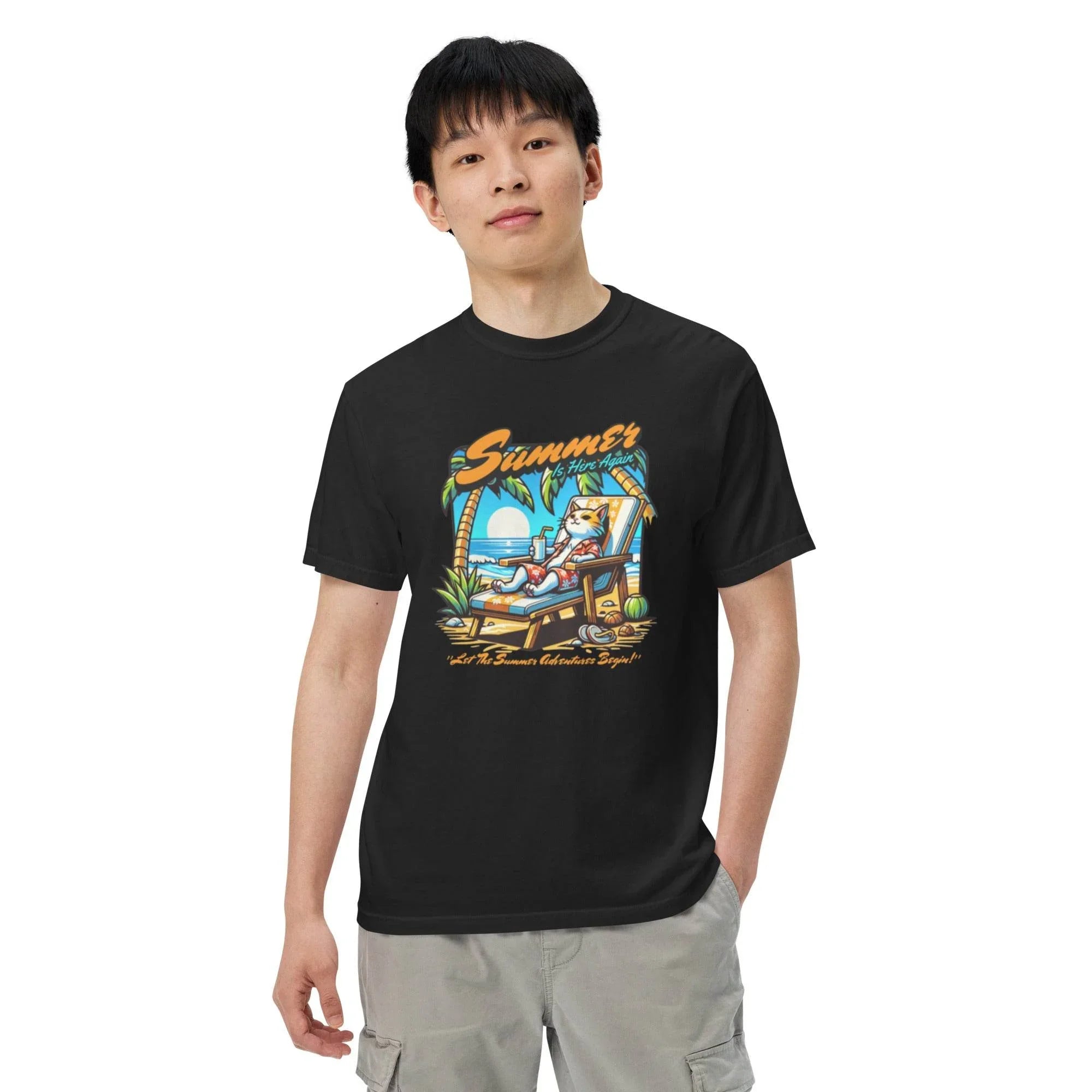 Black garment-dyed heavyweight t-shirt with colorful ocean escape graphic – beach-inspired casual summer style.- Annaise Store