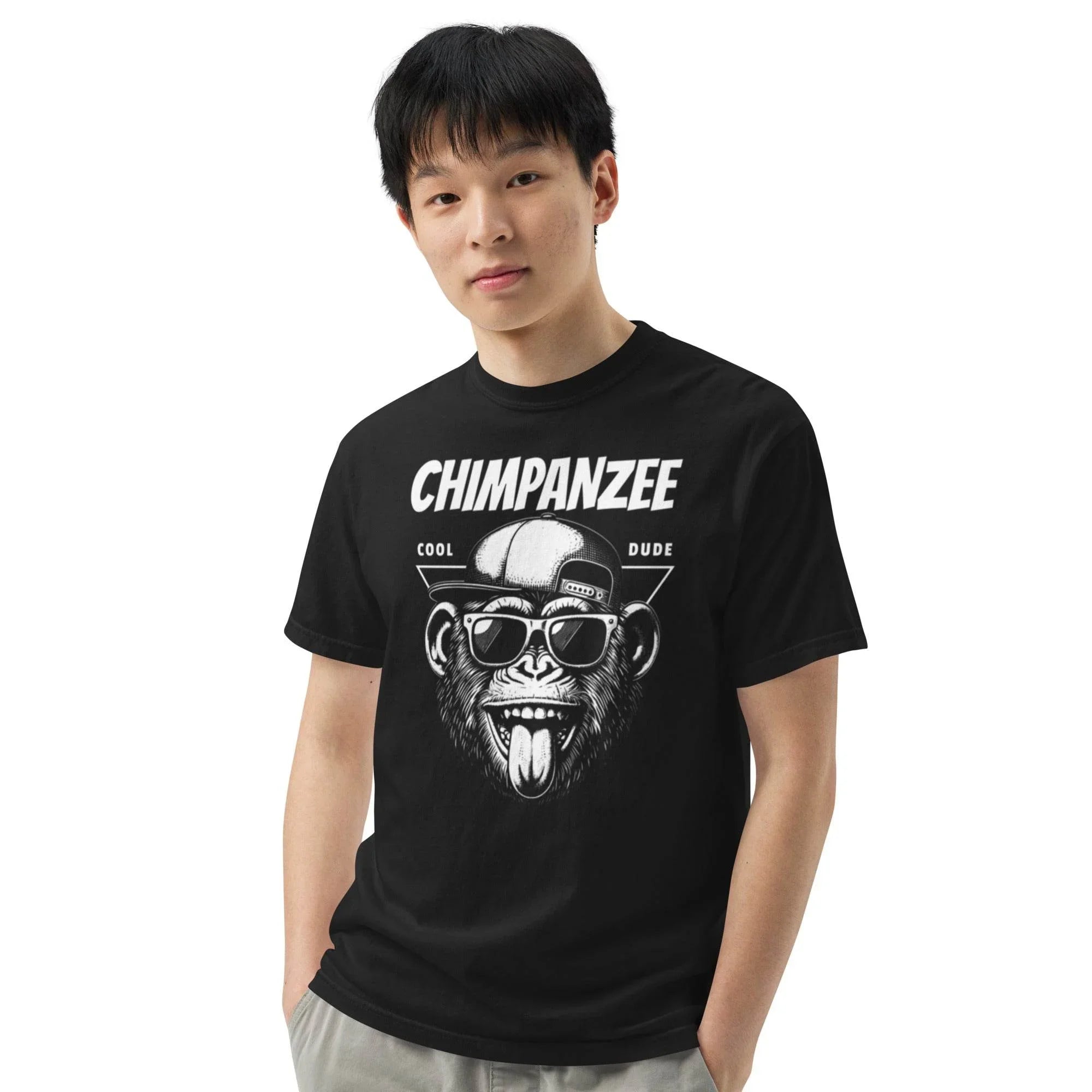 Black heavyweight t-shirt with bold chimpanzee illustration – urban streetwear graphic garment-dyed style - Annaise Store