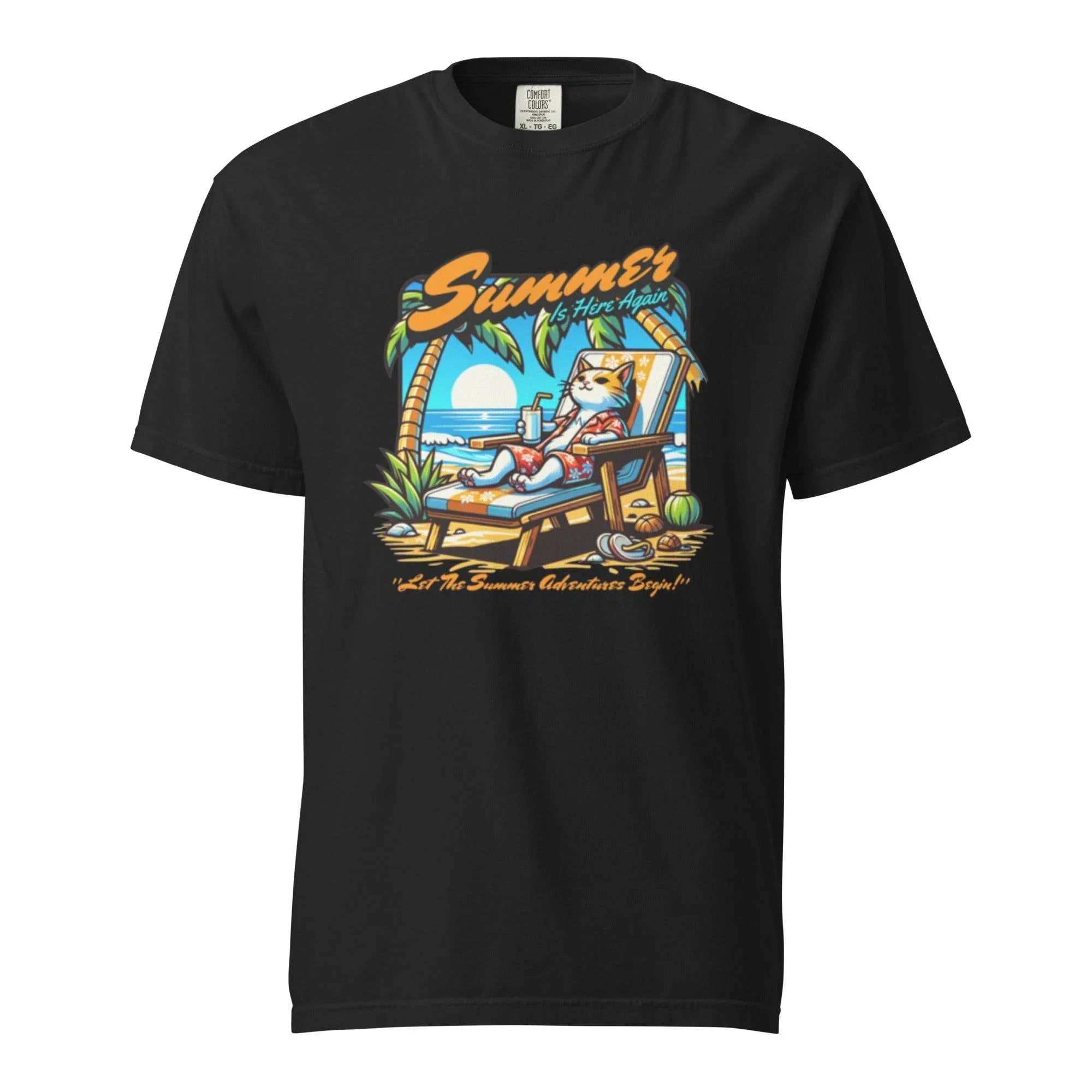 Black garment-dyed heavyweight t-shirt with colorful ocean escape graphic – beach-inspired casual summer style. - Annaise Store