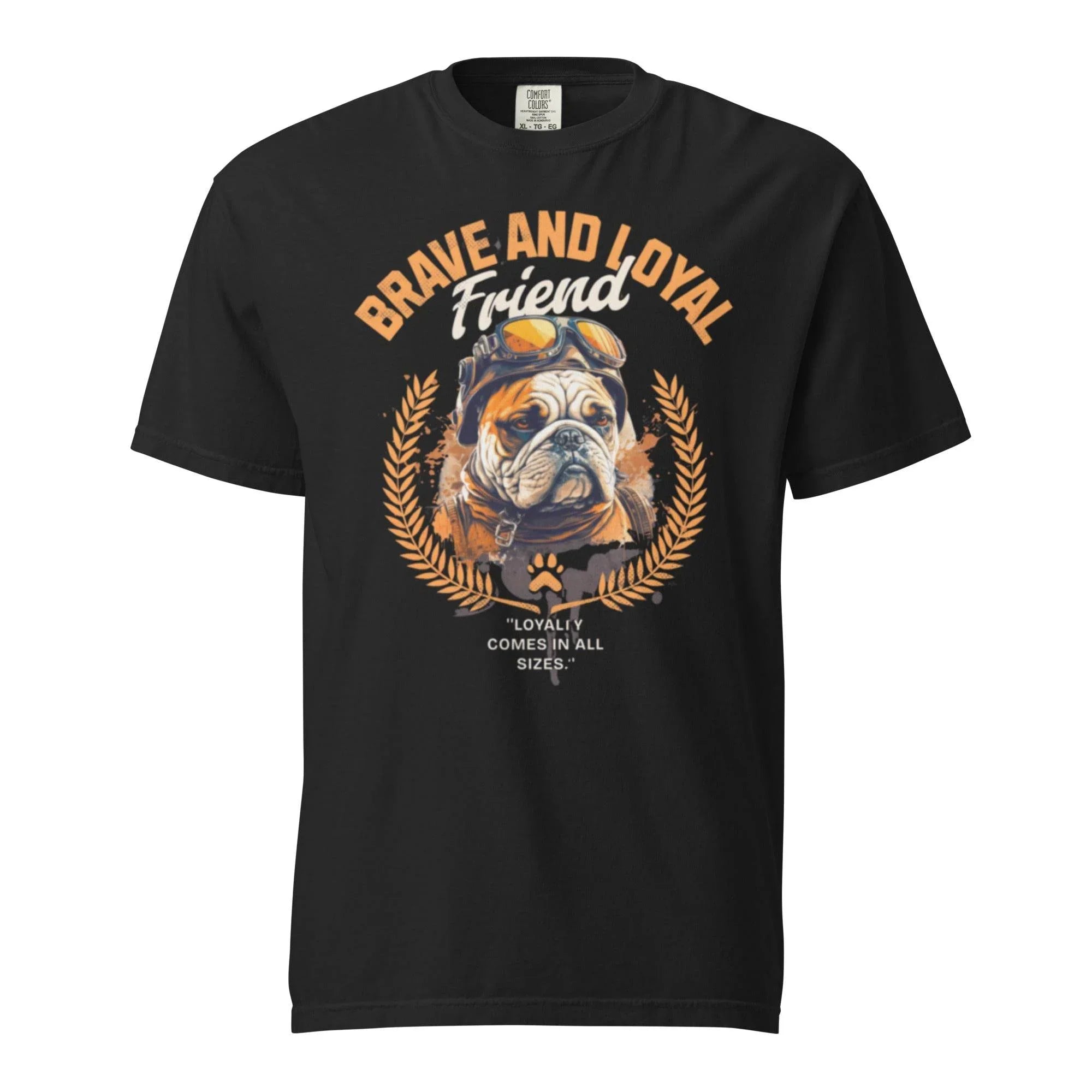 Black heavyweight garment-dyed t-shirt featuring a vintage bulldog graphic – bold streetwear inspired by loyalty and timeless style. - Annaise Store