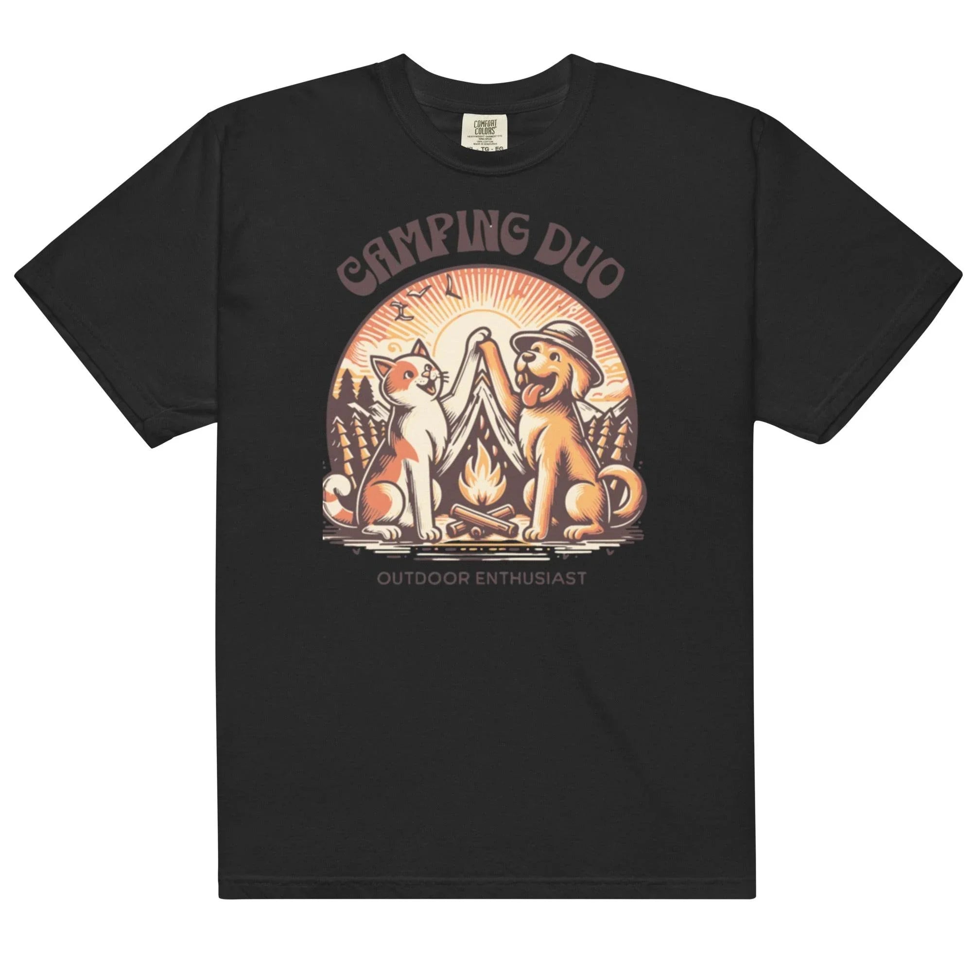 Black garment-dyed heavyweight tee featuring camping duo illustration – rugged outdoors graphic shirt for adventure lovers. - Annaise Store
