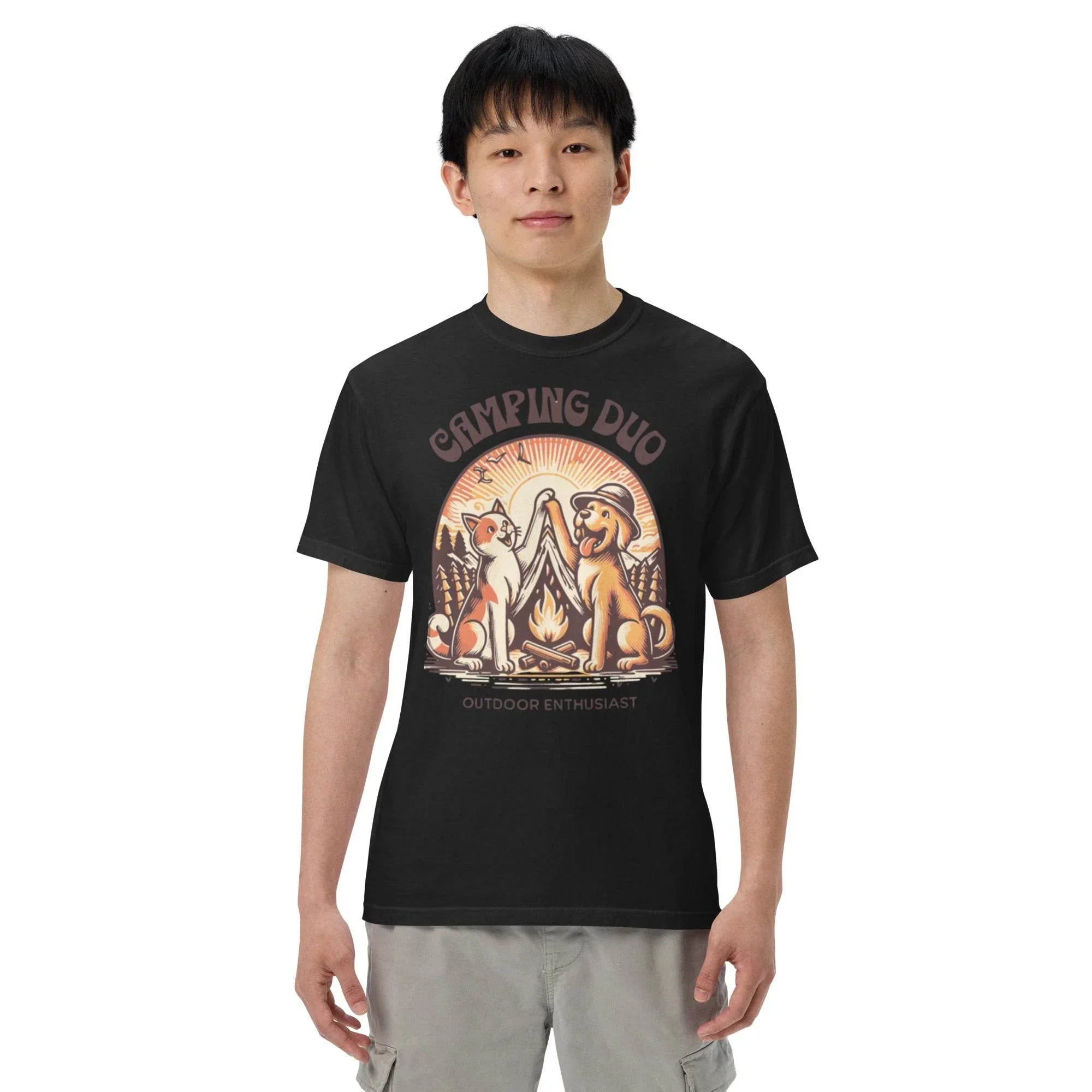 Black garment-dyed heavyweight tee featuring camping duo illustration – rugged outdoors graphic shirt for adventure lovers.- Annaise Store