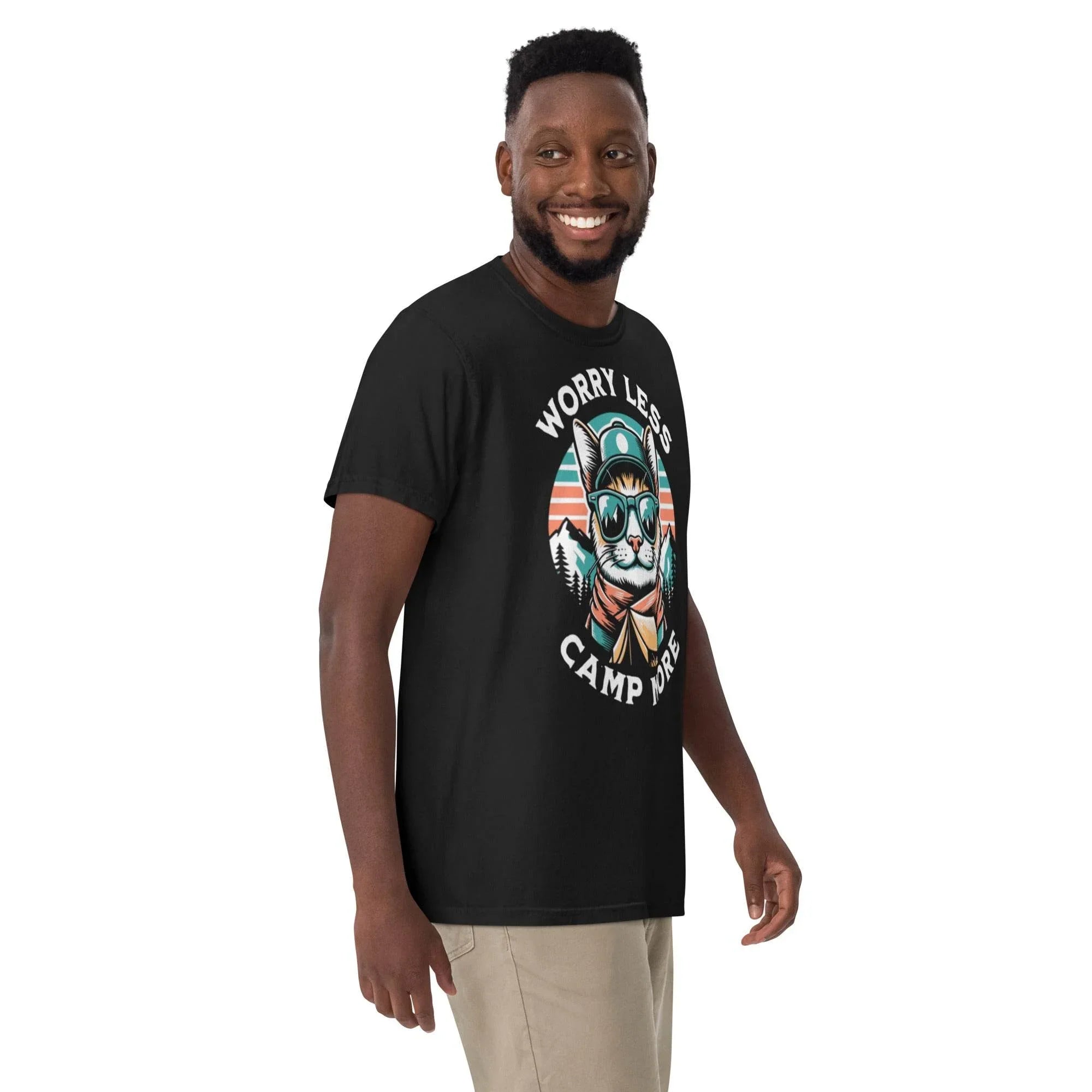 Black heavyweight outdoor graphic tee with ‘Worry Less, Camp More’ slogan – rugged garment-dyed adventure style. - Annaise Store
