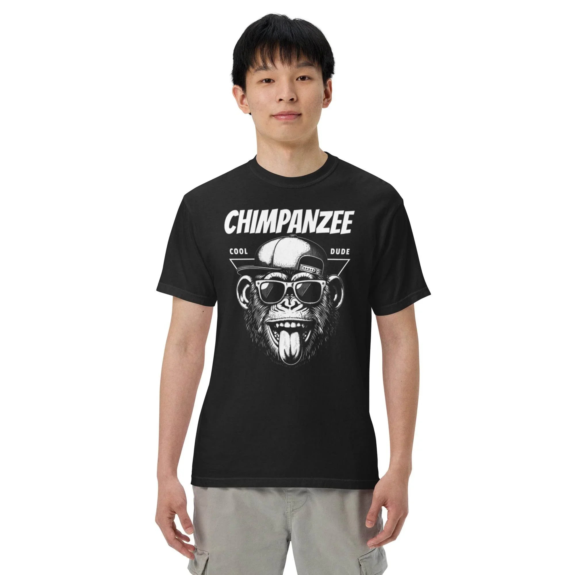 Black heavyweight t-shirt with bold chimpanzee illustration – urban streetwear graphic garment-dyed style - Annaise Store