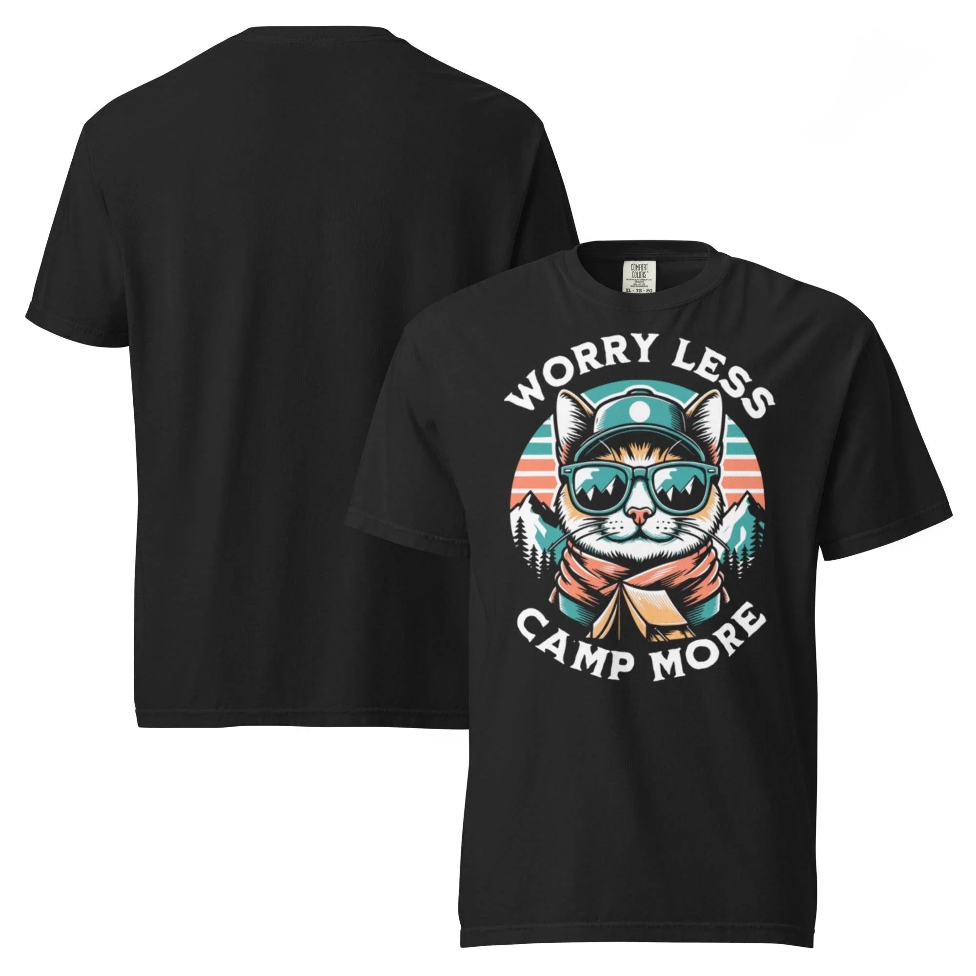 Black heavyweight outdoor graphic tee with ‘Worry Less, Camp More’ slogan – rugged garment-dyed adventure style. - Annaise Store