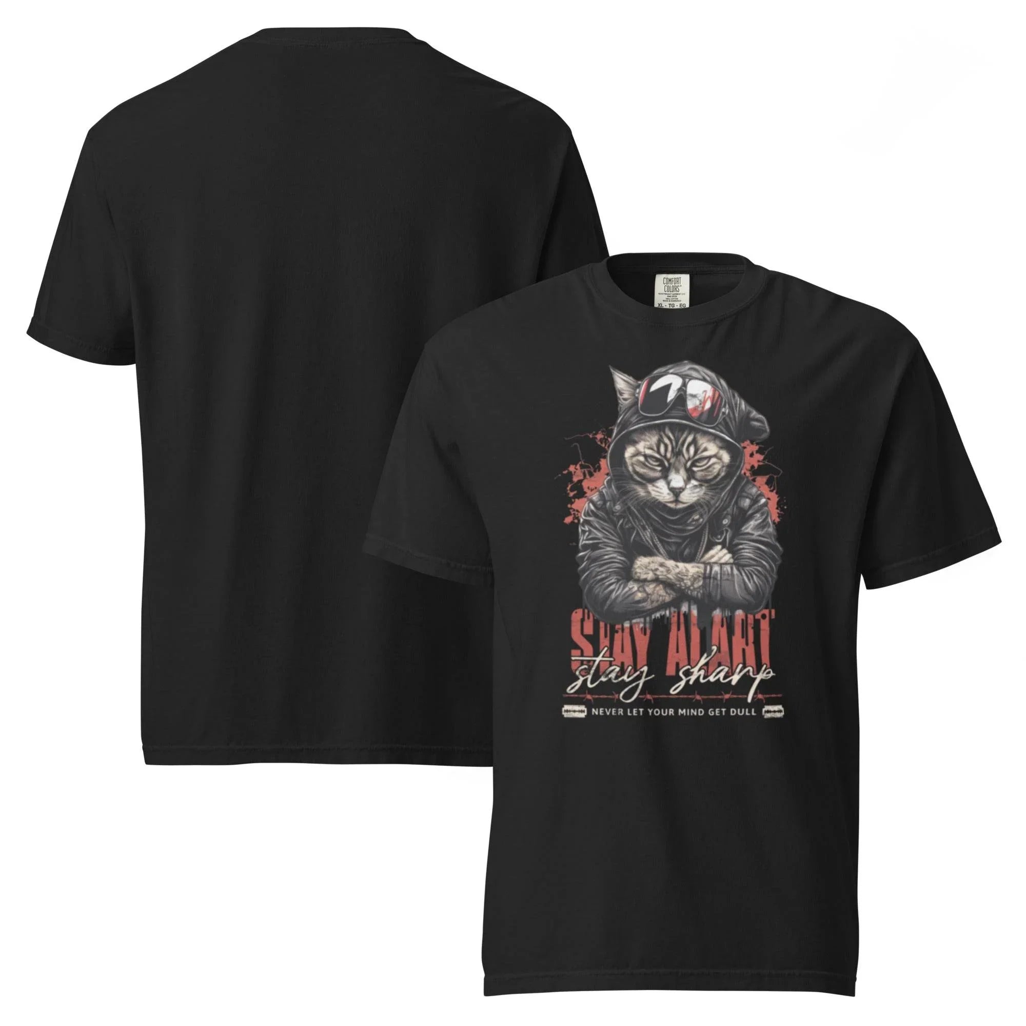 Black heavyweight statement graphic t-shirt with bold ‘Stay Alert Stay Sharp’ print – edgy streetwear style. - Annaise Store