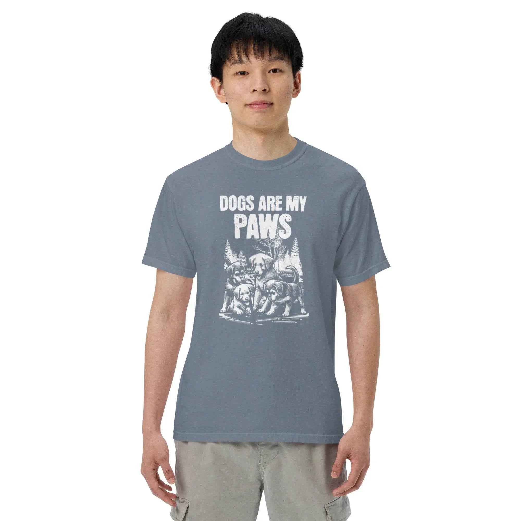 Blue-jean heavyweight graphic tee with ‘Dogs Are My Paws’ slogan – durable garment-dyed style for dog lovers and outdoor explorers. - Annaise Store