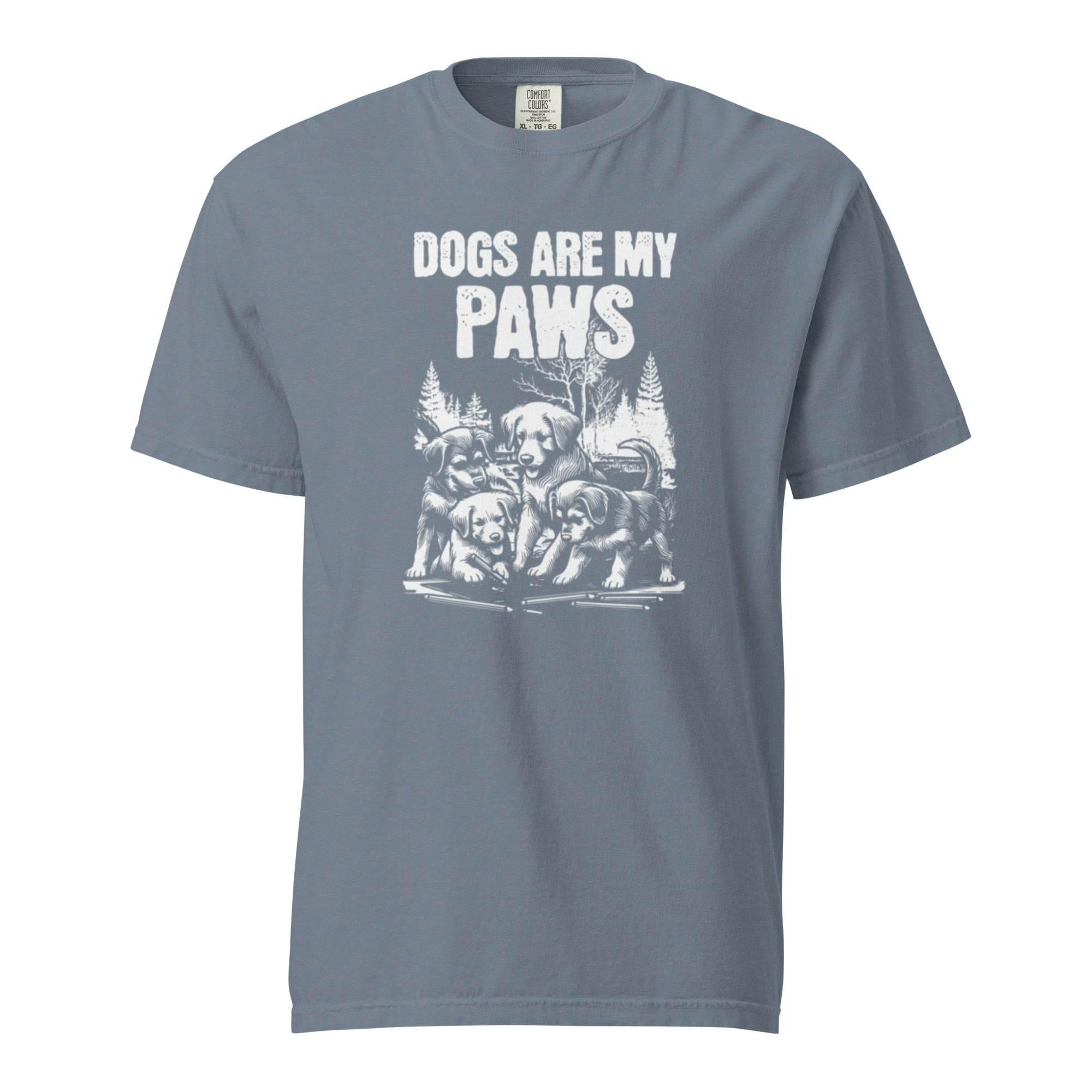 Blue-jean heavyweight graphic tee with ‘Dogs Are My Paws’ slogan – durable garment-dyed style for dog lovers and outdoor explorers.- Annaise Store