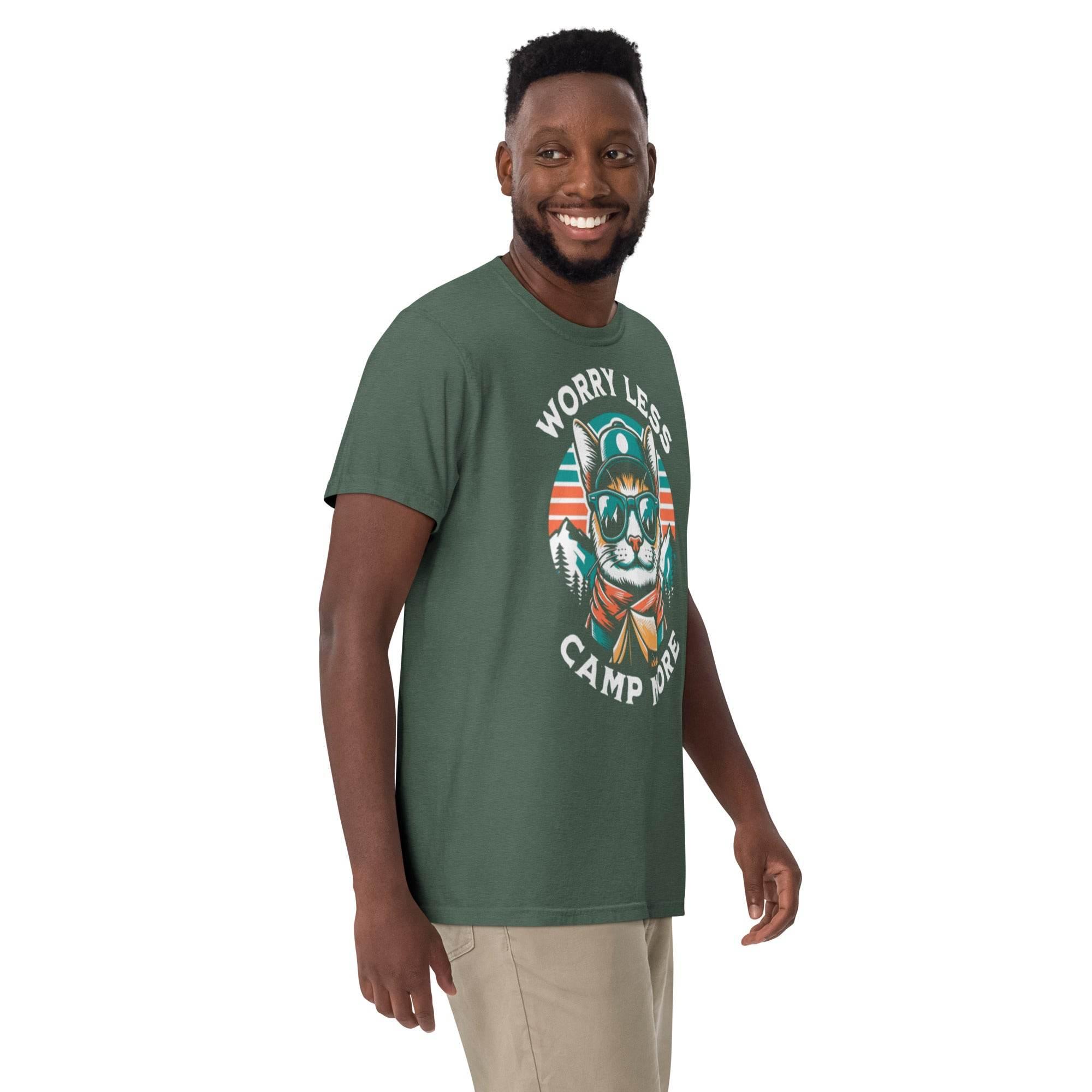 Blue-spruce heavyweight outdoor graphic tee with ‘Worry Less, Camp More’ slogan – rugged garment-dyed adventure style. - Annaise Store