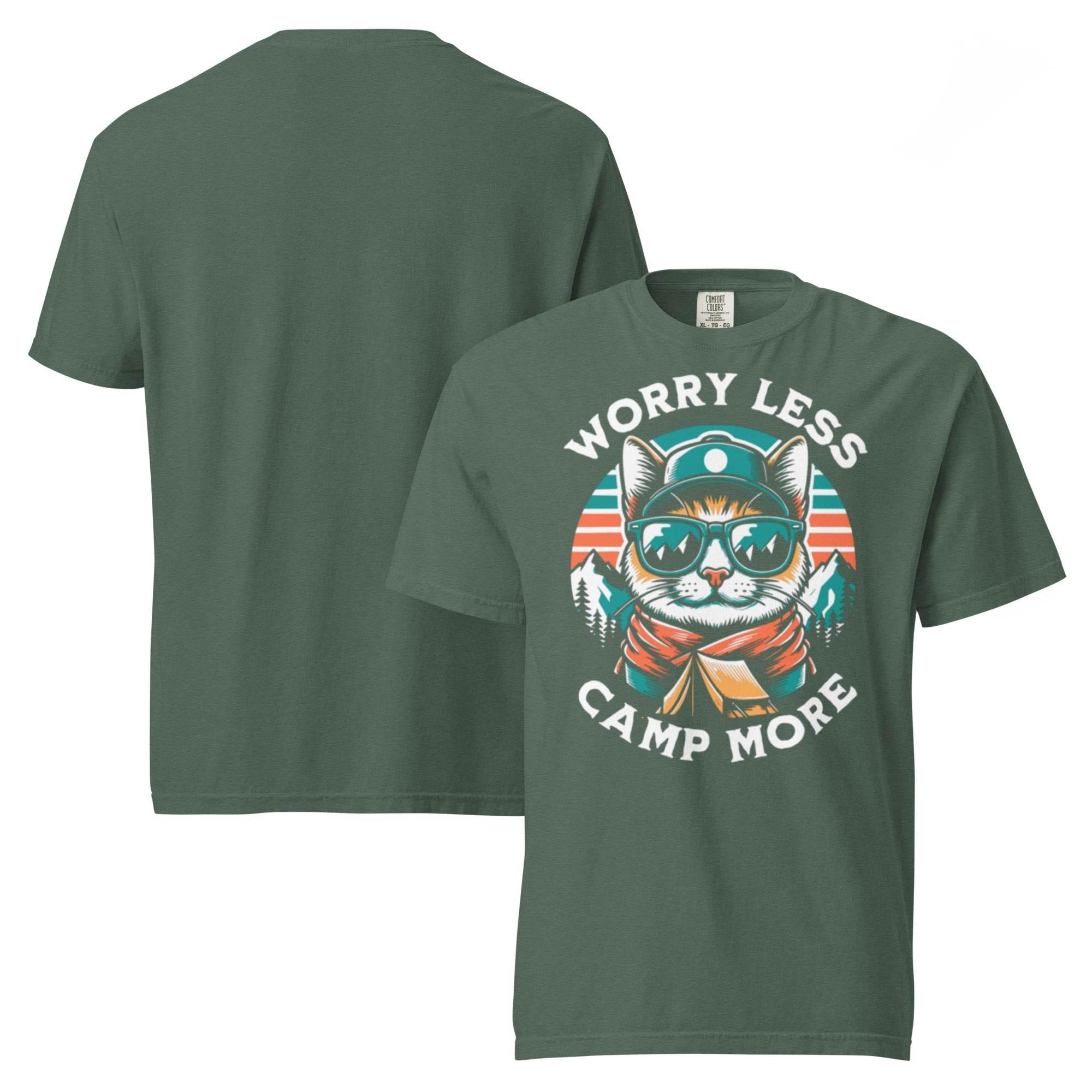 Blue-spruce heavyweight outdoor graphic tee with ‘Worry Less, Camp More’ slogan – rugged garment-dyed adventure style. - Annaise Store
