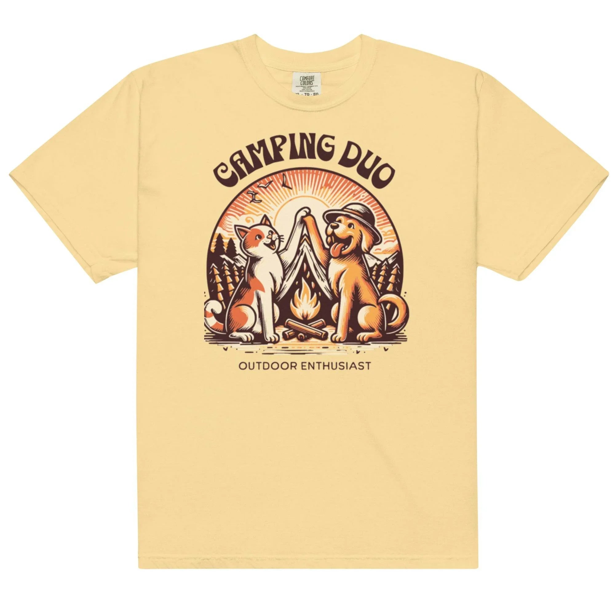 Butter garment-dyed heavyweight tee featuring camping duo illustration – rugged outdoors graphic shirt for adventure lovers. - Annaise Store