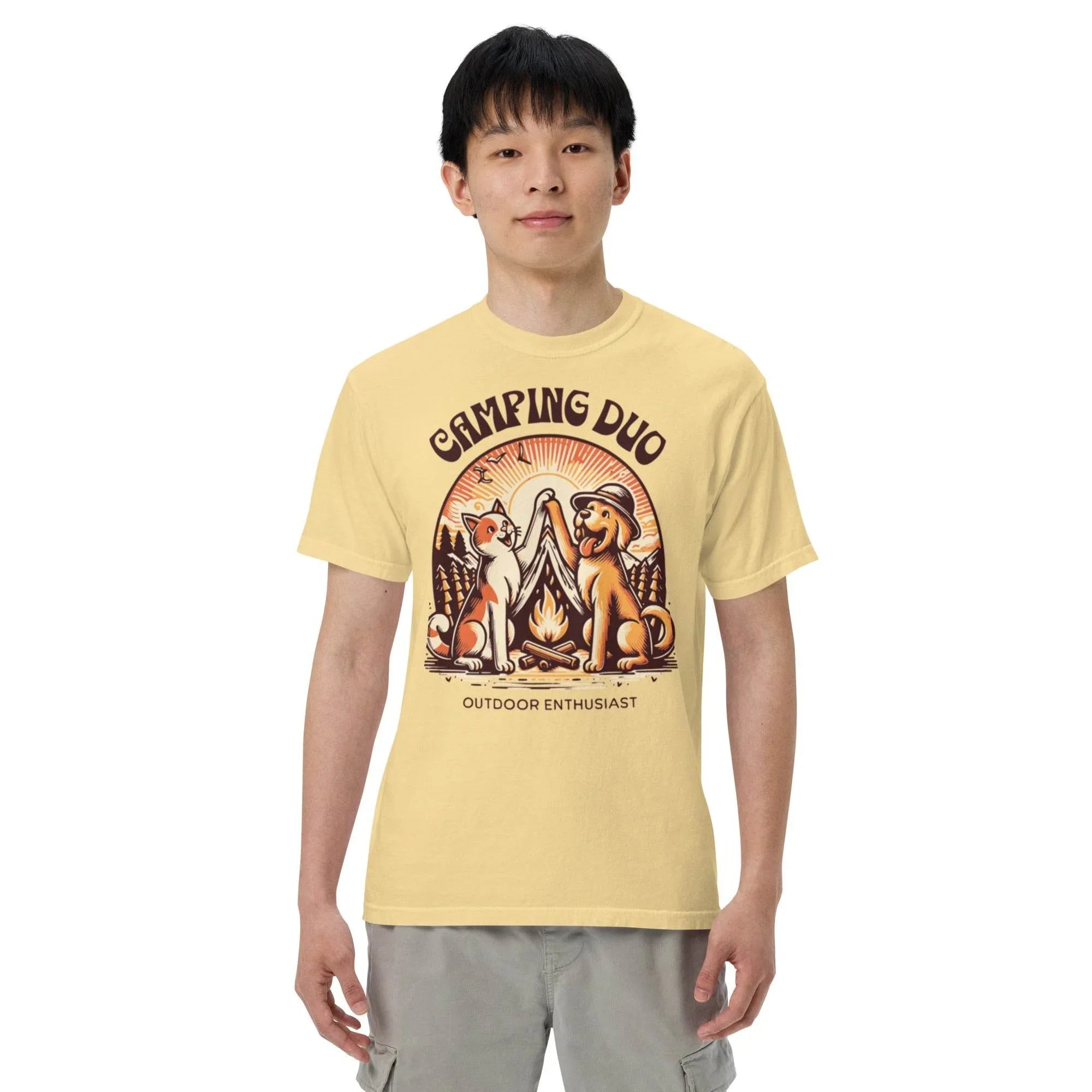 butter garment-dyed heavyweight tee featuring camping duo illustration – rugged outdoors graphic shirt for adventure lovers. - Annaise Store