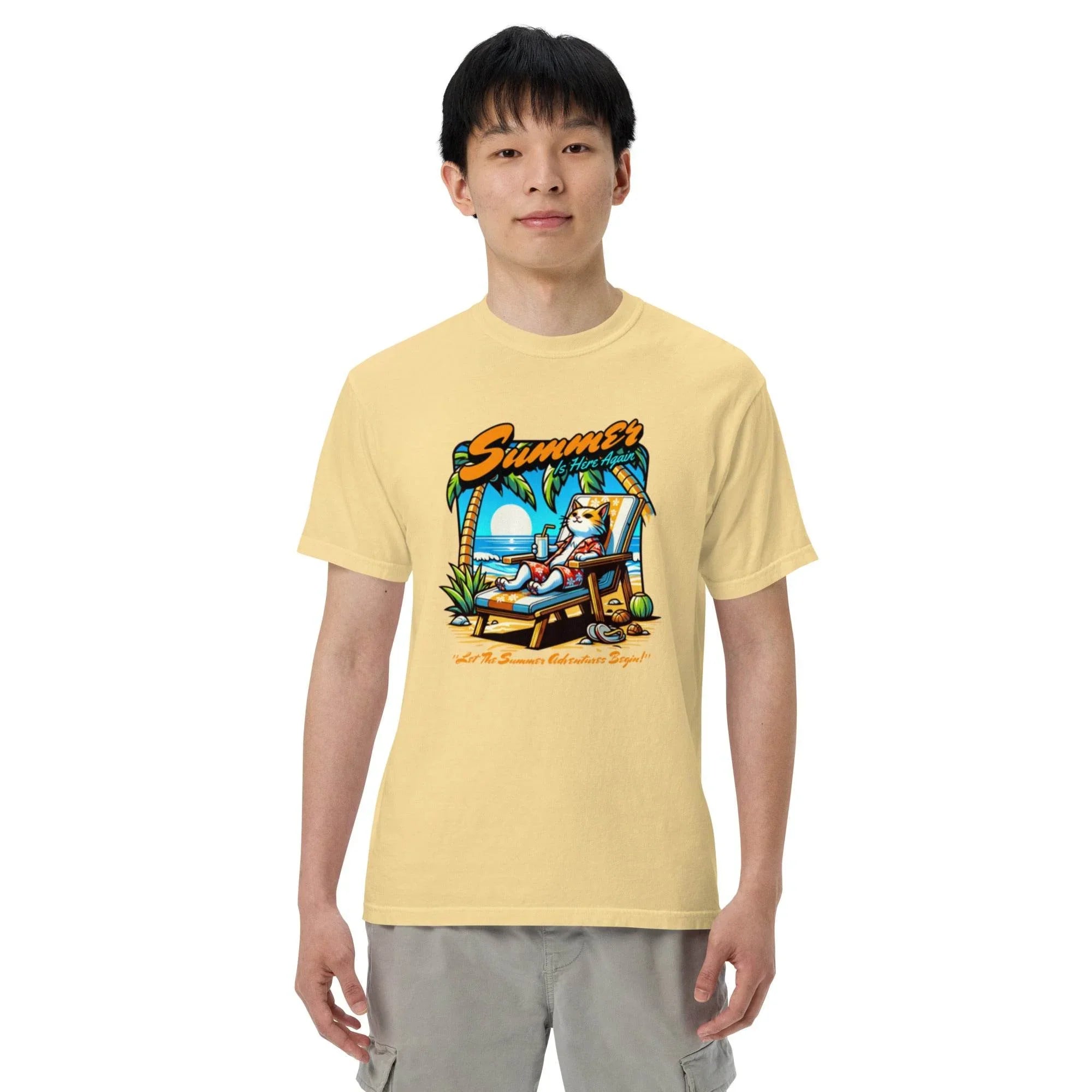 Butter garment-dyed heavyweight t-shirt with colorful ocean escape graphic – beach-inspired casual summer style.- Annaise Store