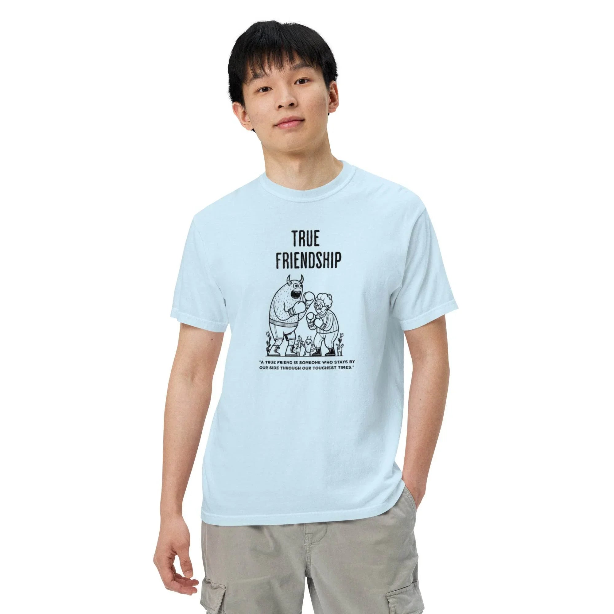 Chambray heavyweight garment-dyed t-shirt with timeless ‘True Friendship’ slogan – comfort and bond-inspired graphic style. - Annaise Store