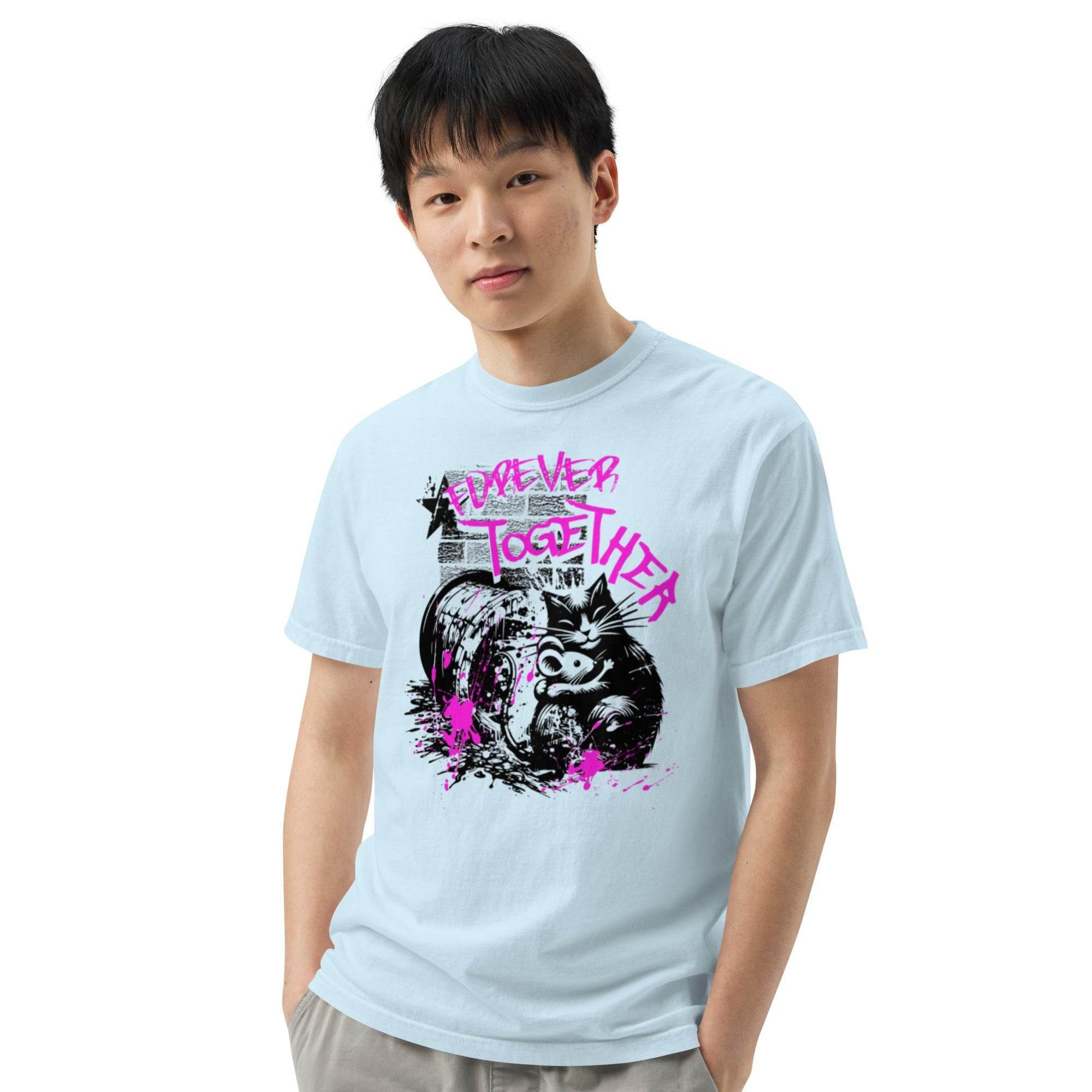 Chambray heavyweight retro graphic tee with colorful ‘Forever Together’ design – comfortable garment-dyed streetwear. - Annaise Store