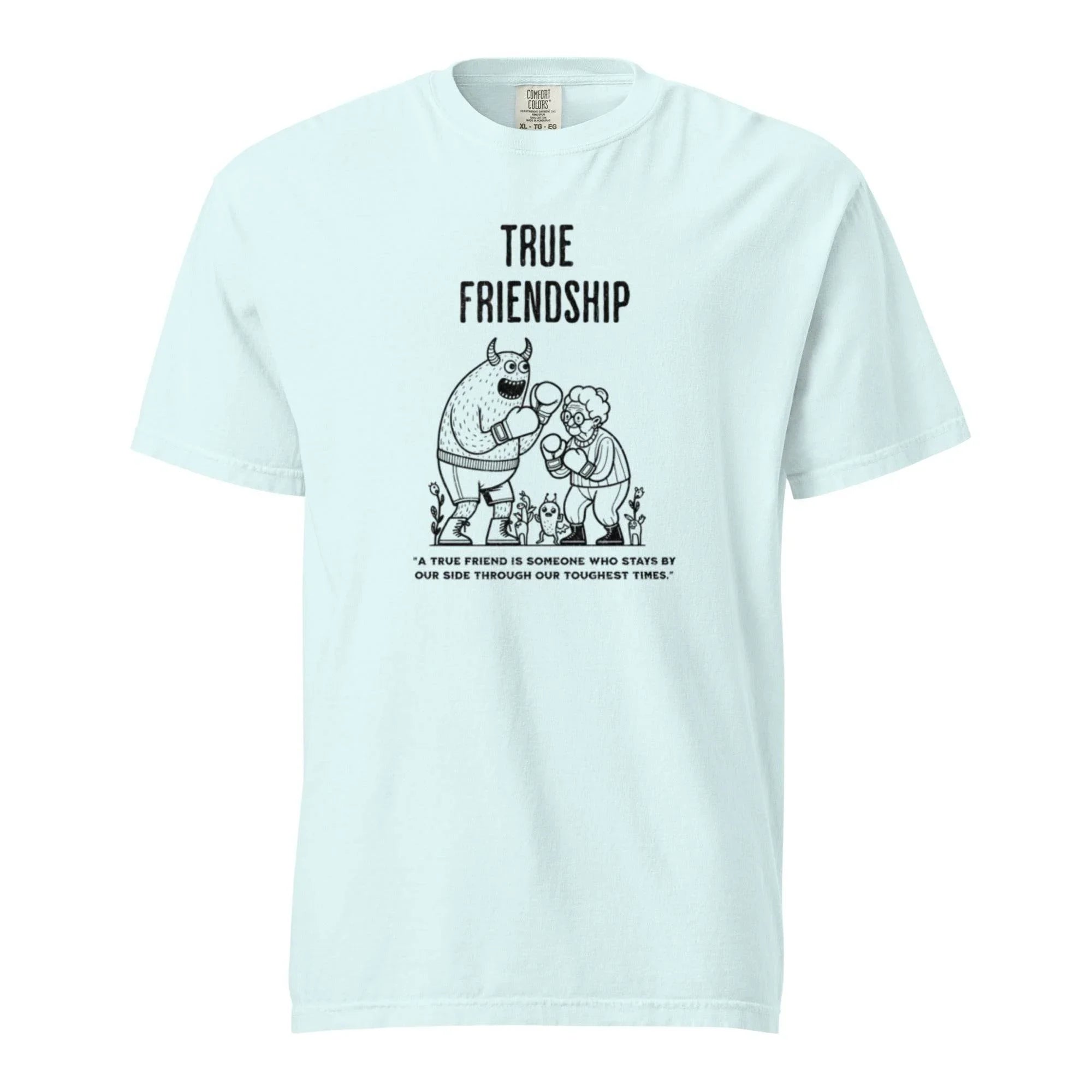 Chambray heavyweight garment-dyed t-shirt with timeless ‘True Friendship’ slogan – comfort and bond-inspired graphic style.  - Annaise Store