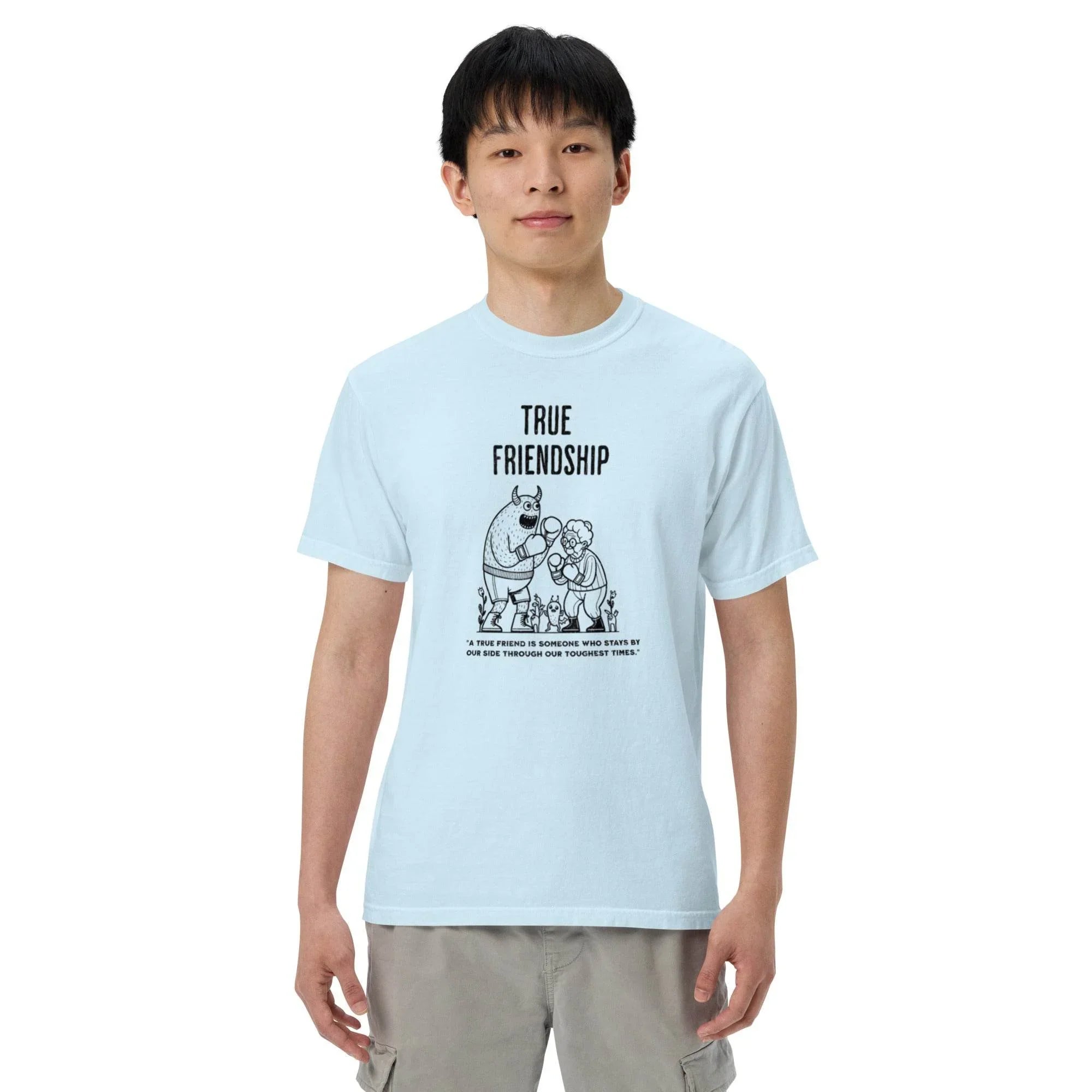 Chambray heavyweight garment-dyed t-shirt with timeless ‘True Friendship’ slogan – comfort and bond-inspired graphic style. - Annaise Store