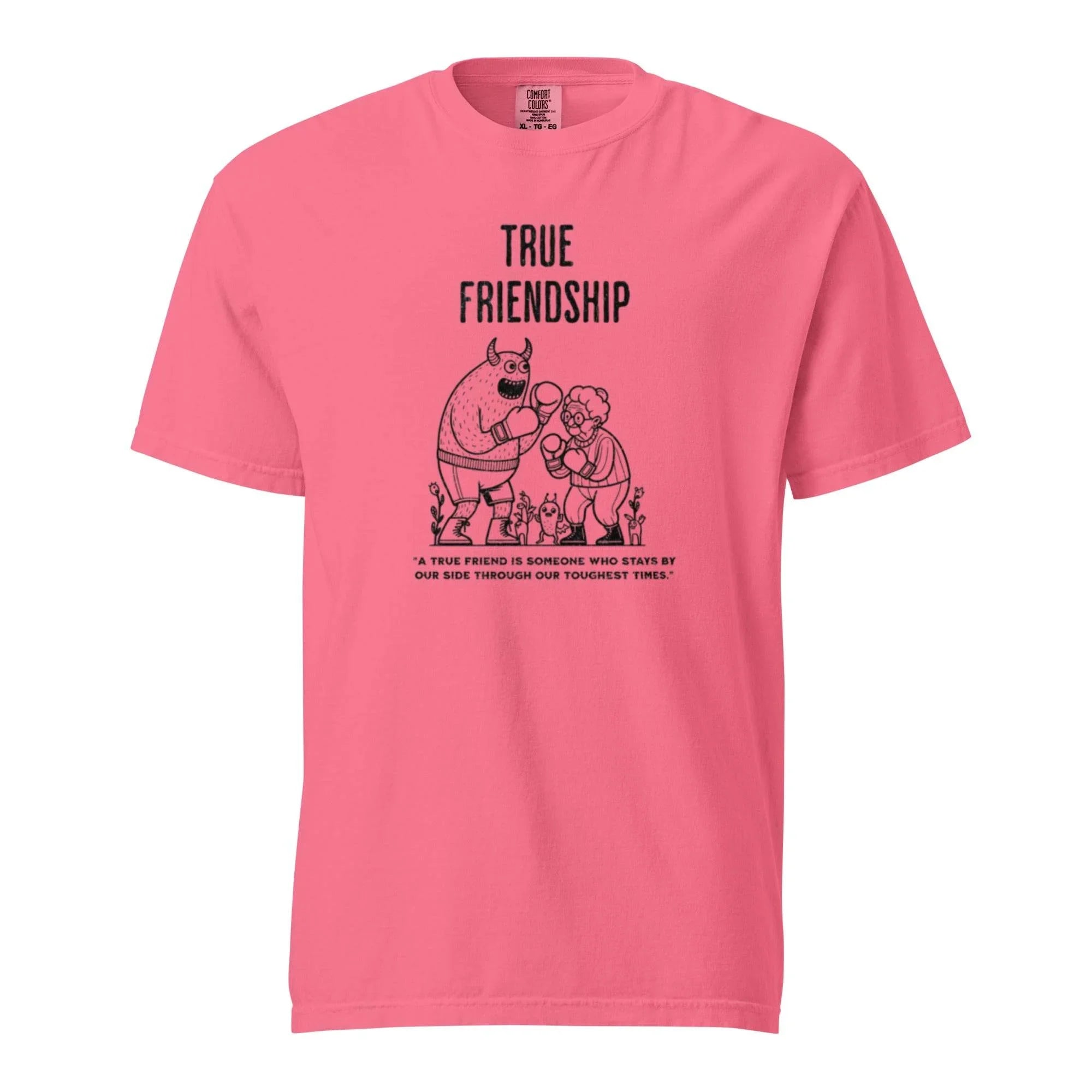 Crunch-berry heavyweight garment-dyed t-shirt with timeless ‘True Friendship’ slogan – comfort and bond-inspired graphic style.  - Annaise Store