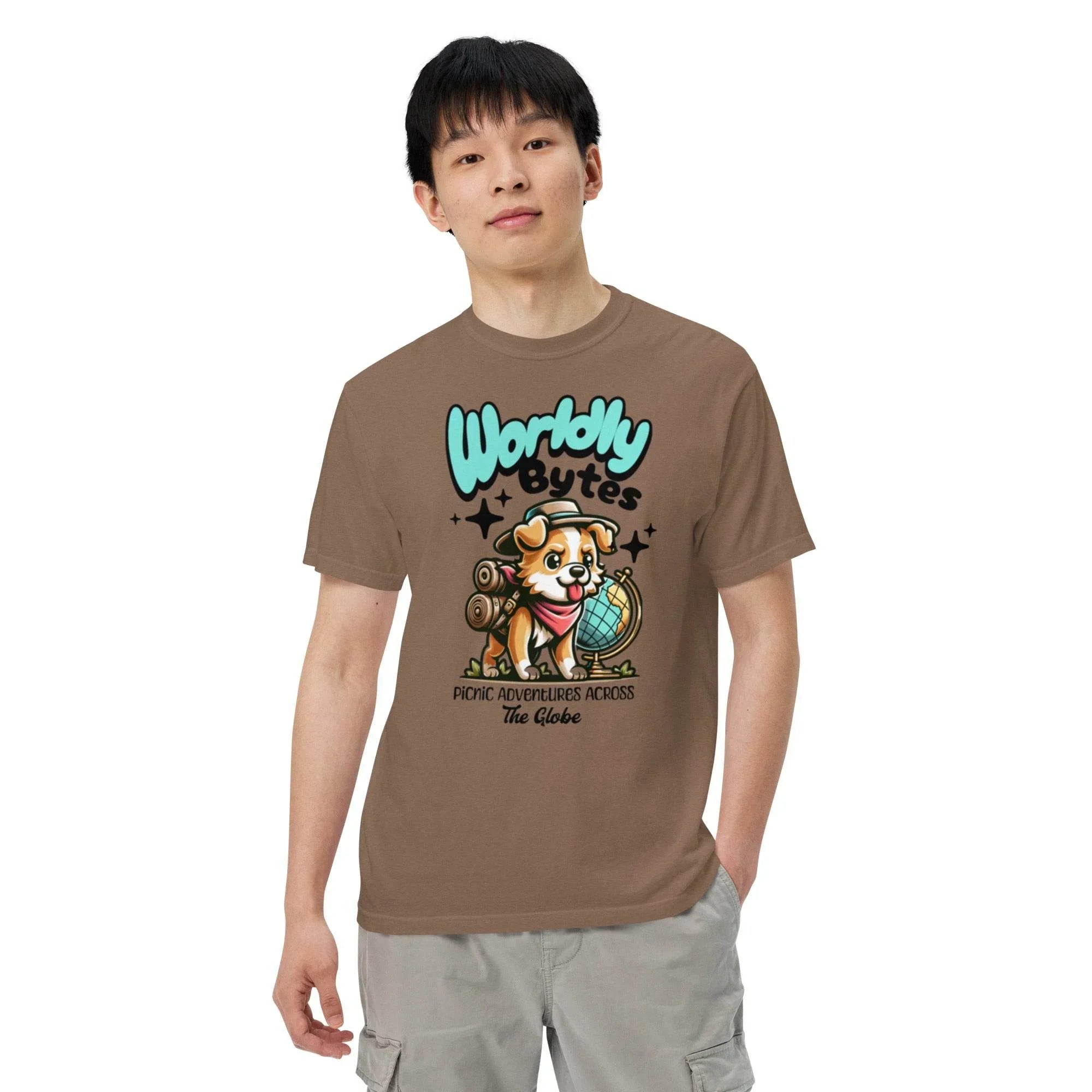 Espresso vintage-wash heavyweight t-shirt with ‘Worldly Bytes’ globe explorer graphic – bold garment-dyed style for adventurers. - Annaise Store