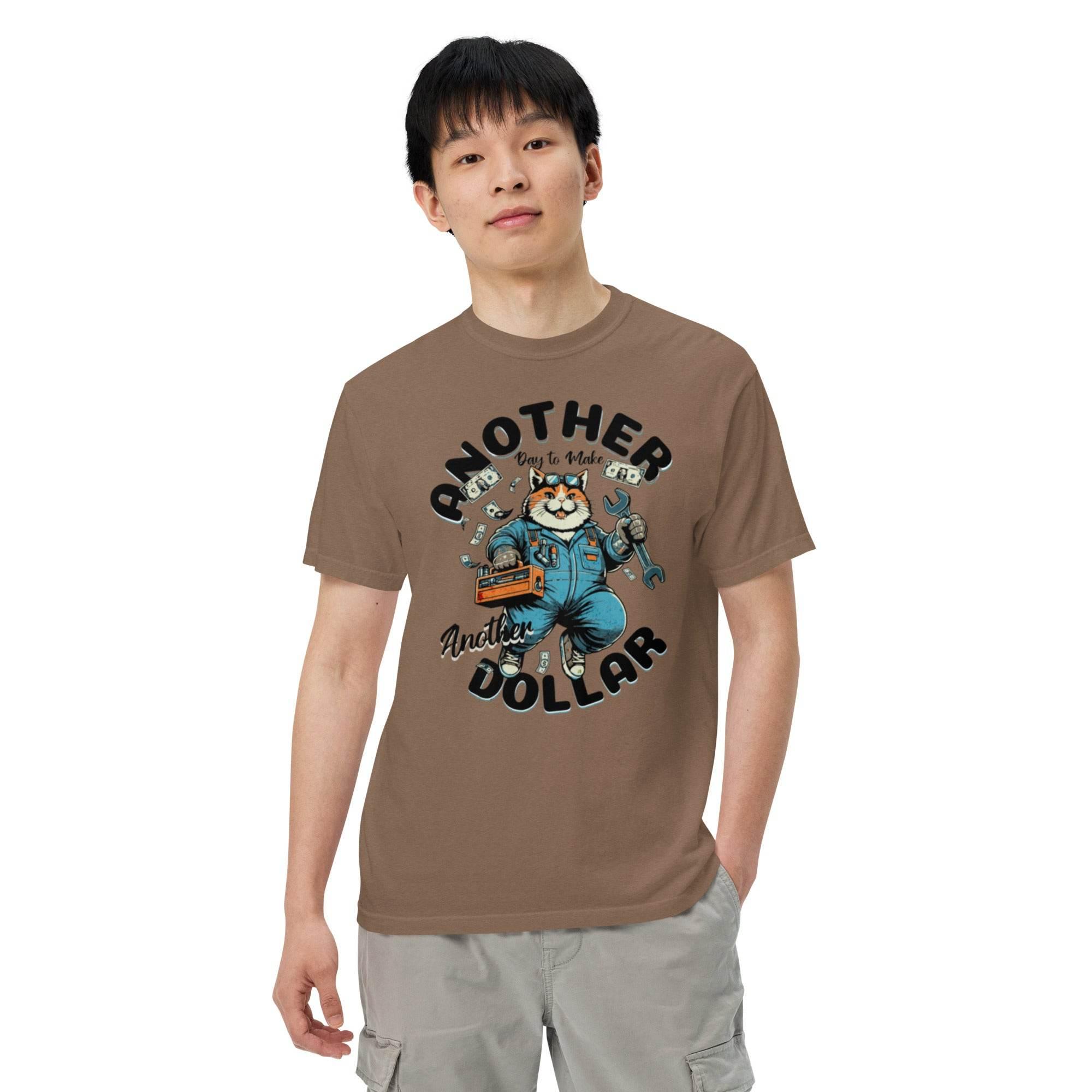 Espresso garment-dyed heavyweight t-shirt with retro cartoon workwear design – vintage-inspired bold graphic, titled Another Dollar. - Annaise Store