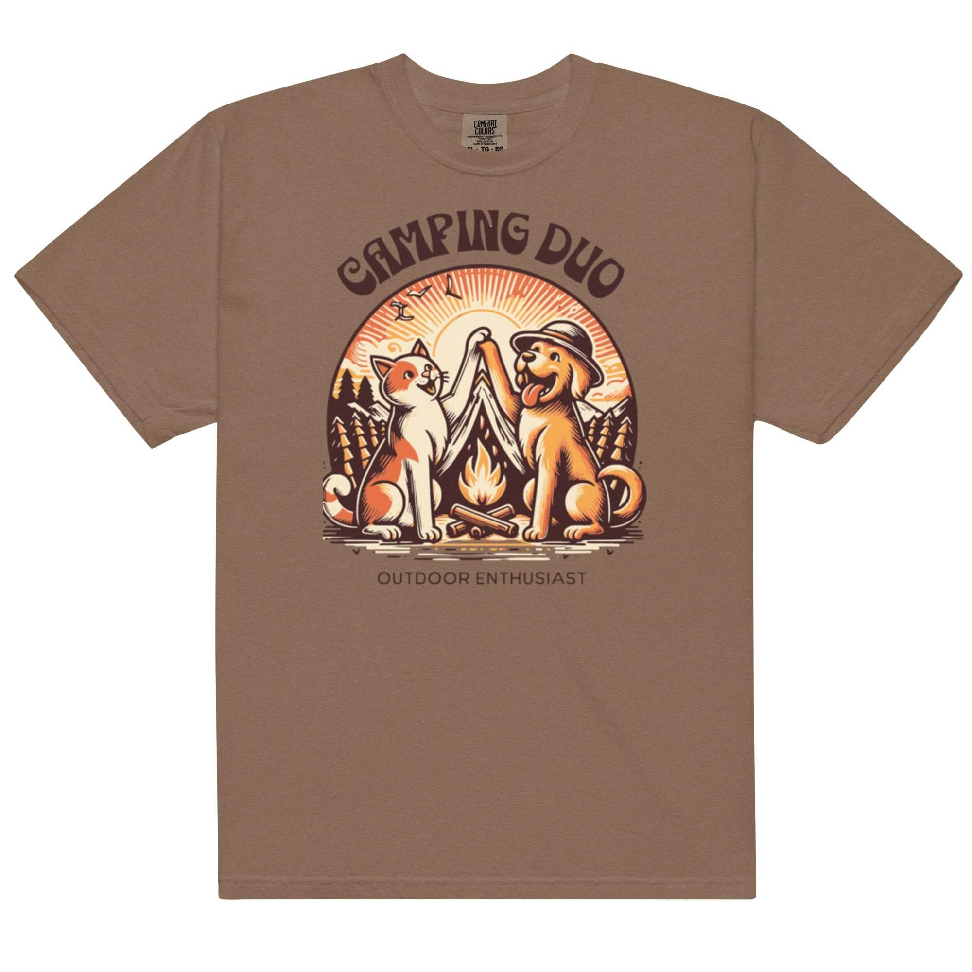 Espresso garment-dyed heavyweight tee featuring camping duo illustration – rugged outdoors graphic shirt for adventure lovers. - Annaise Store