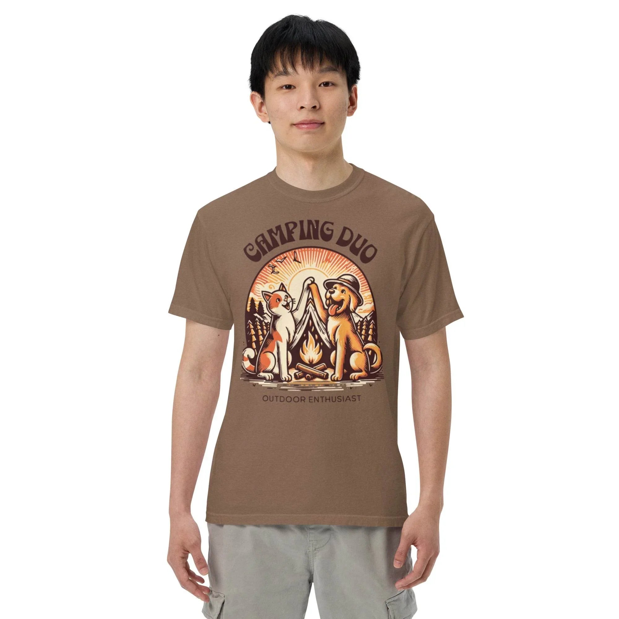Espresso garment-dyed heavyweight tee featuring camping duo illustration – rugged outdoors graphic shirt for adventure lovers. - Annaise Store