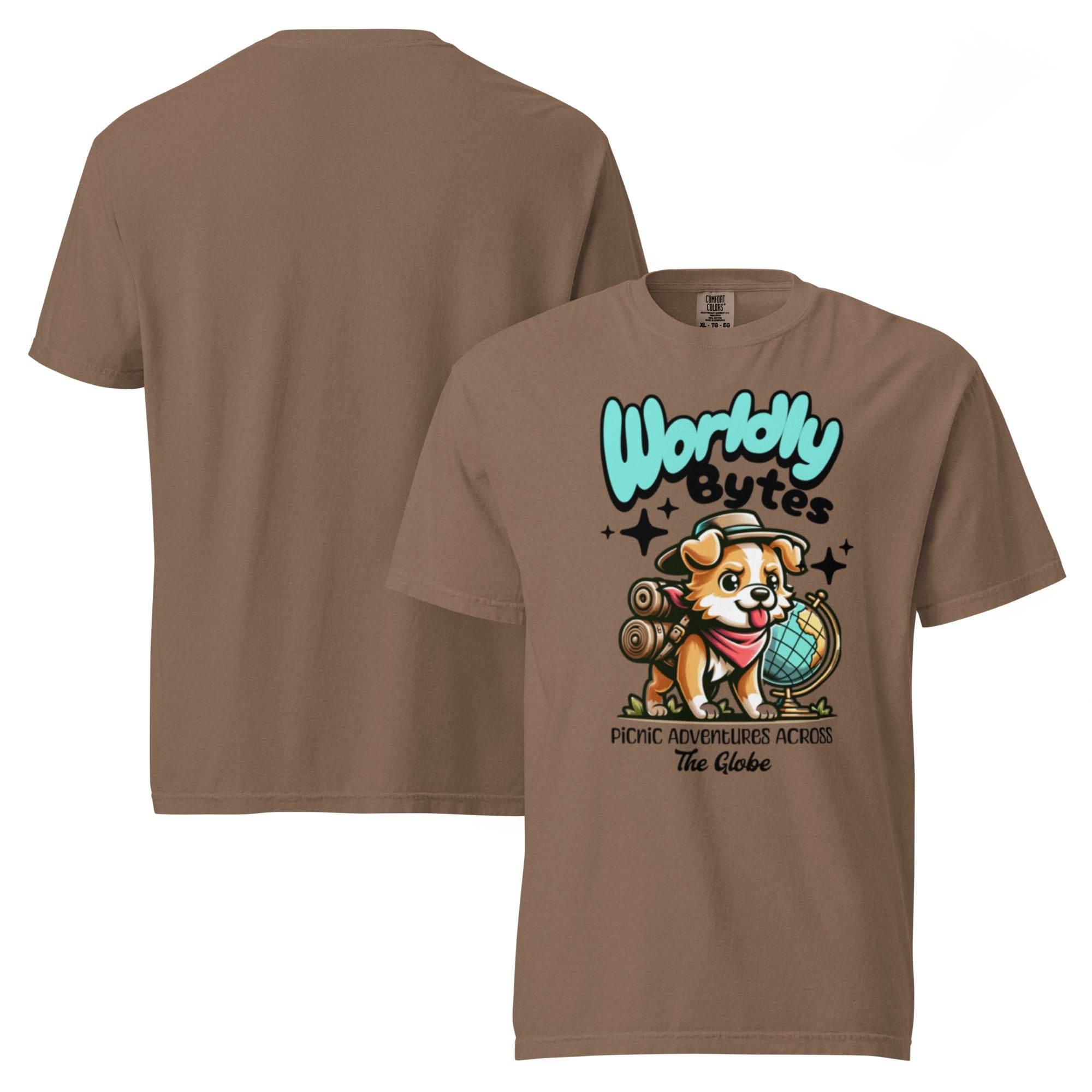 Espresso vintage-wash heavyweight t-shirt with ‘Worldly Bytes’ globe explorer graphic – bold garment-dyed style for adventurers. - Annaise Store