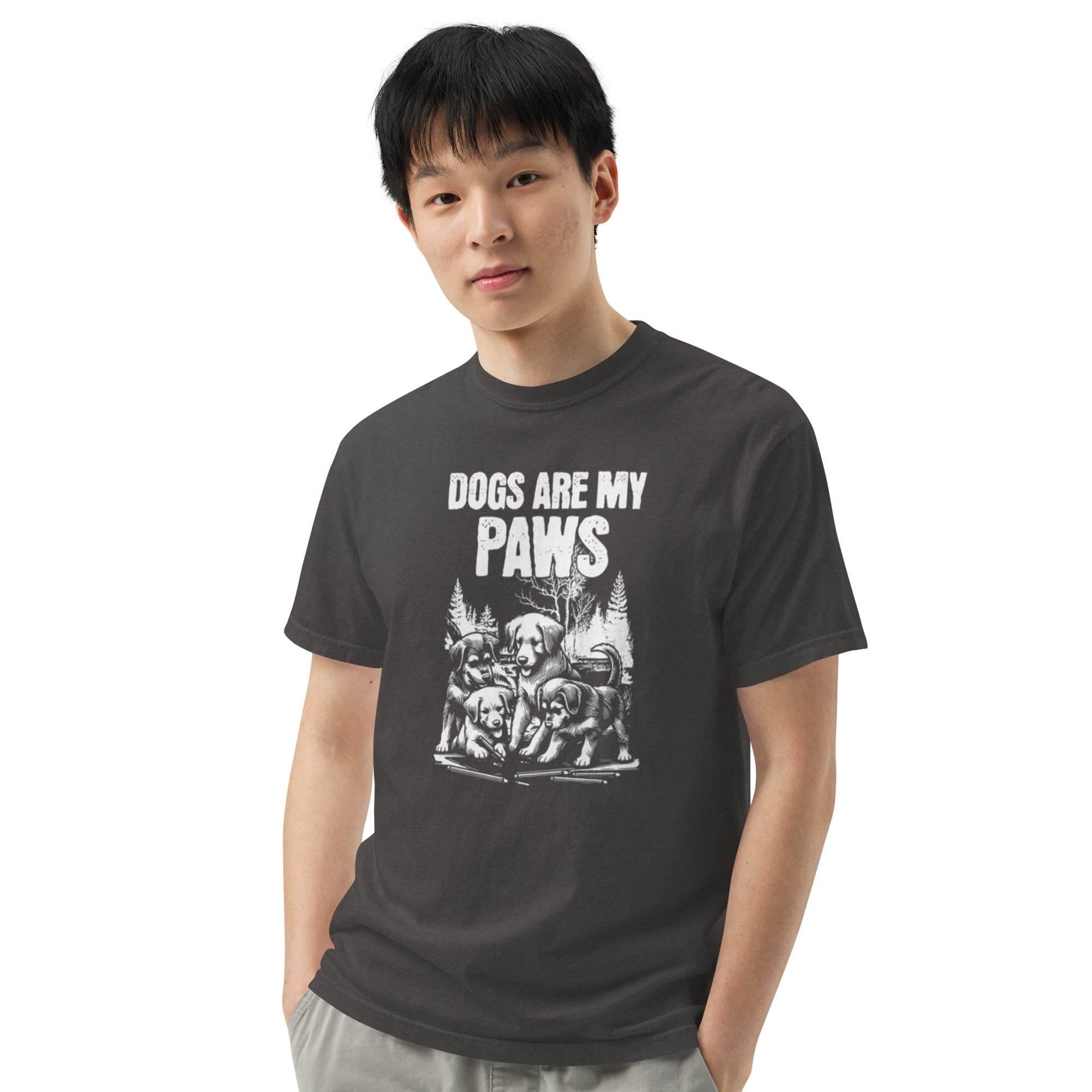 Graphite heavyweight graphic tee with ‘Dogs Are My Paws’ slogan – durable garment-dyed style for dog lovers and outdoor explorers. - Annaise Store