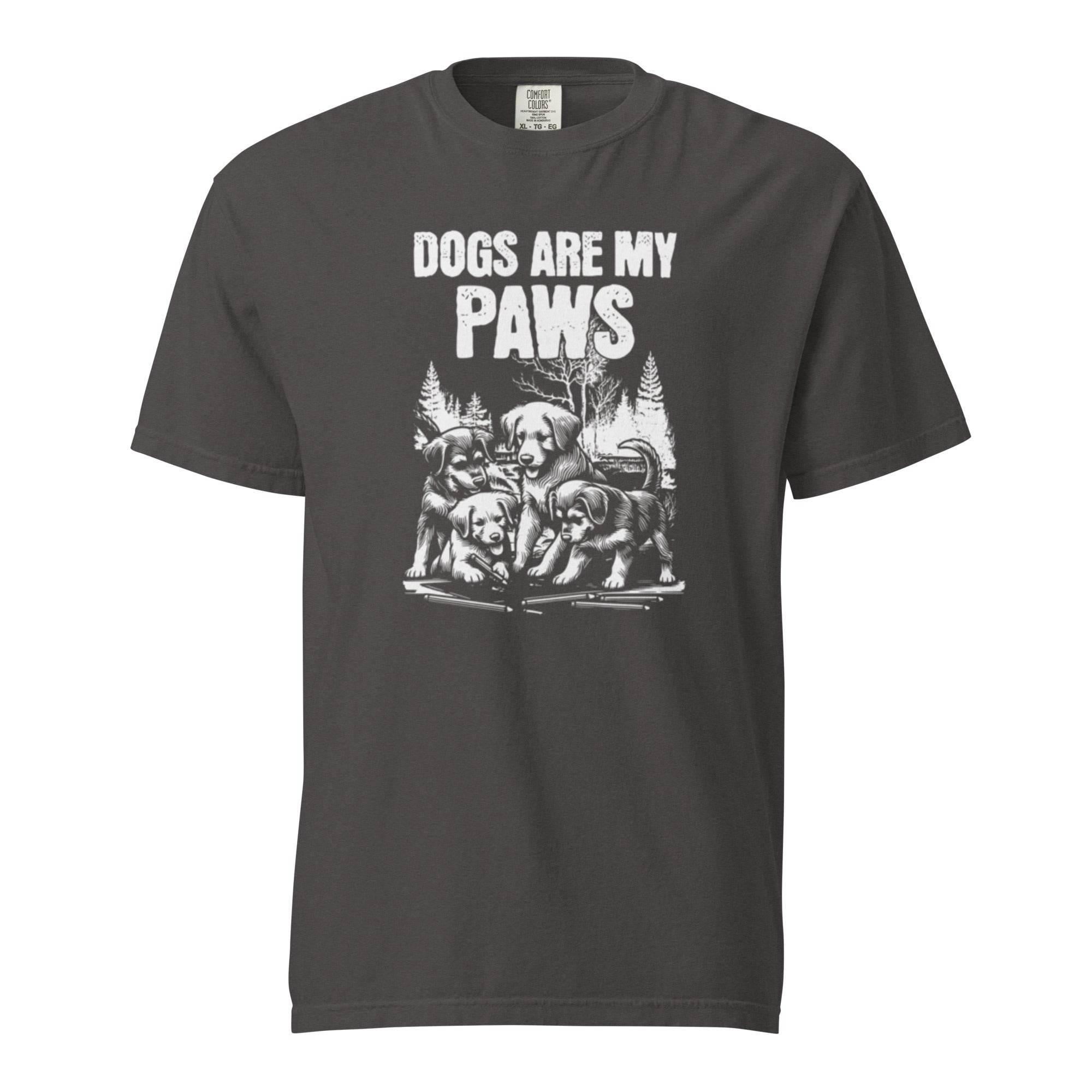 Graphite heavyweight graphic tee with ‘Dogs Are My Paws’ slogan – durable garment-dyed style for dog lovers and outdoor explorers. - Annaise Store